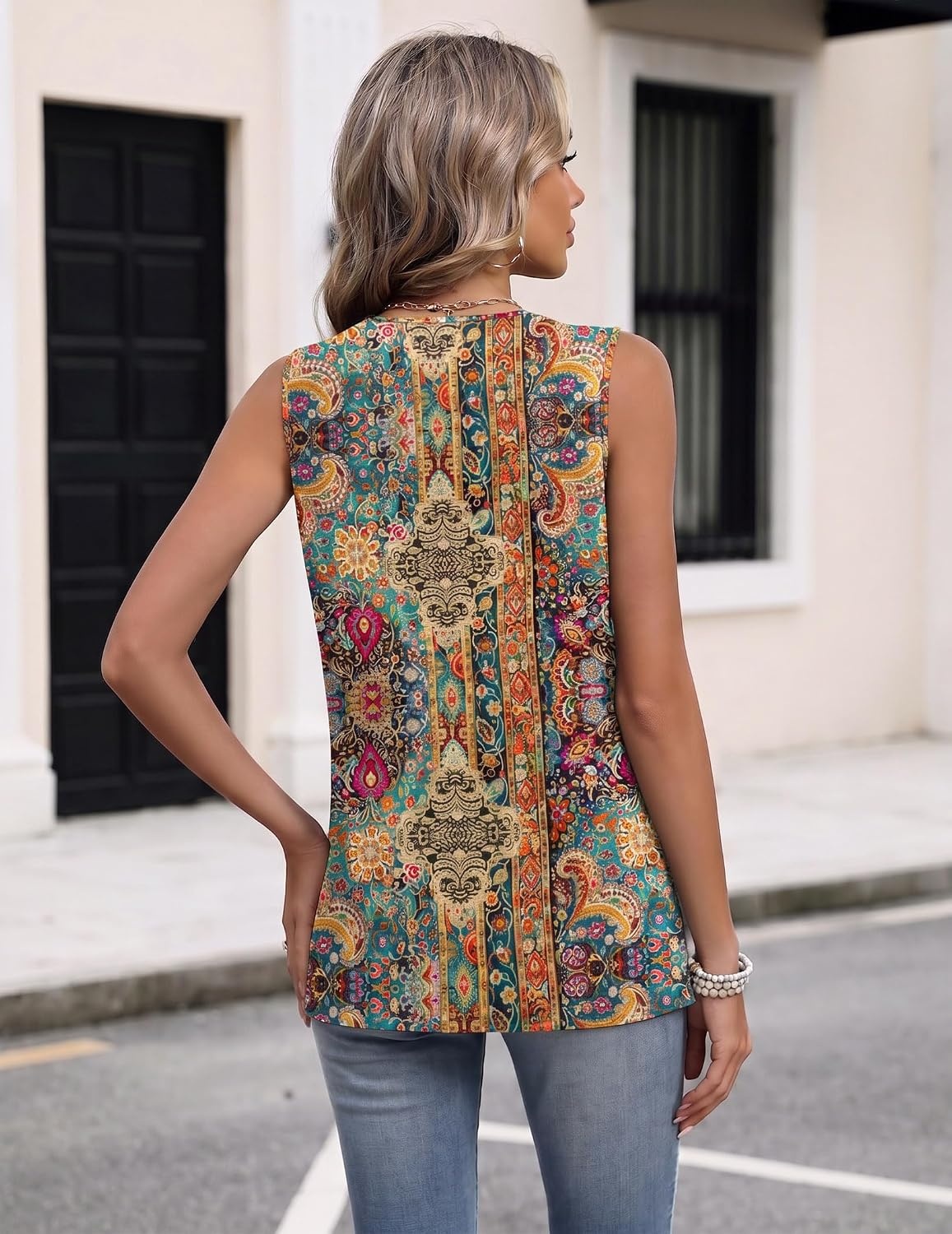 image:imageZeagoo Womens Tank Tops 2026 Sleeveless Pleated V Neck Loose Fit Summer Clothes Flowy Boho ShirtsFloral Mz721