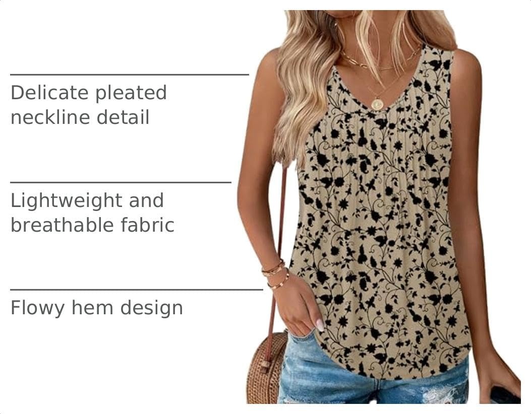 image:imageZeagoo Womens Tank Tops 2026 Sleeveless Pleated V Neck Loose Fit Summer Clothes Flowy Boho ShirtsFloral Sf154