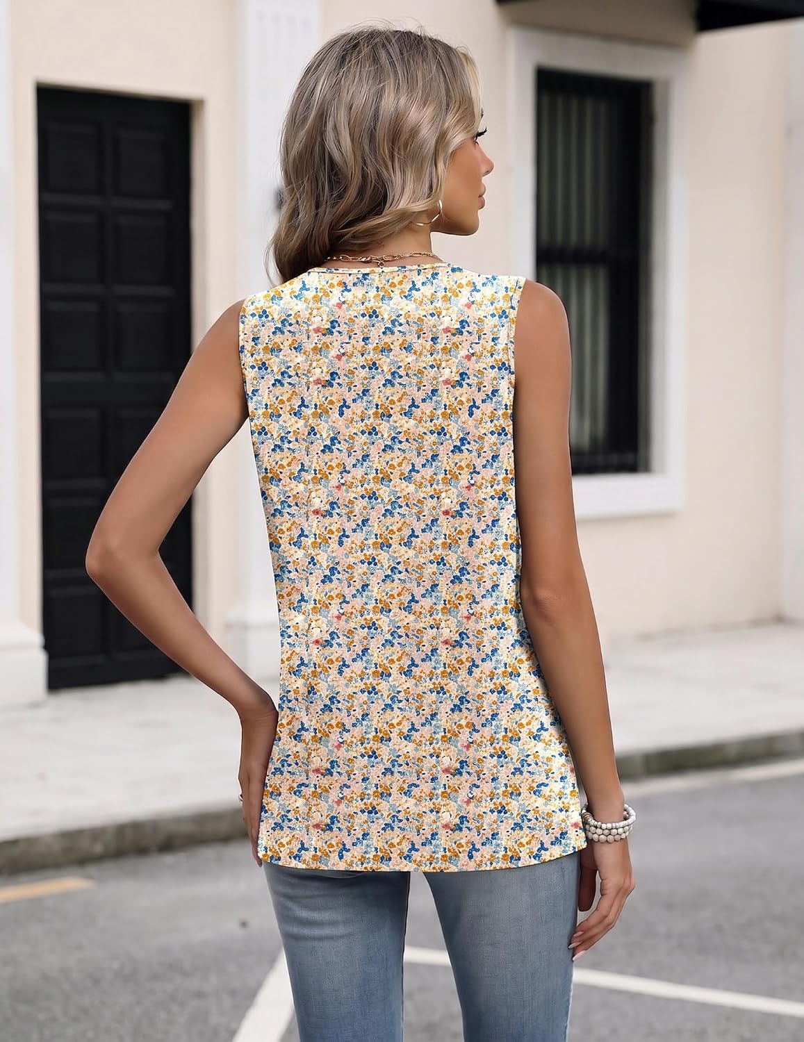image:imageZeagoo Womens Tank Tops 2026 Sleeveless Pleated V Neck Loose Fit Summer Clothes Flowy Boho ShirtsFloral Xh498