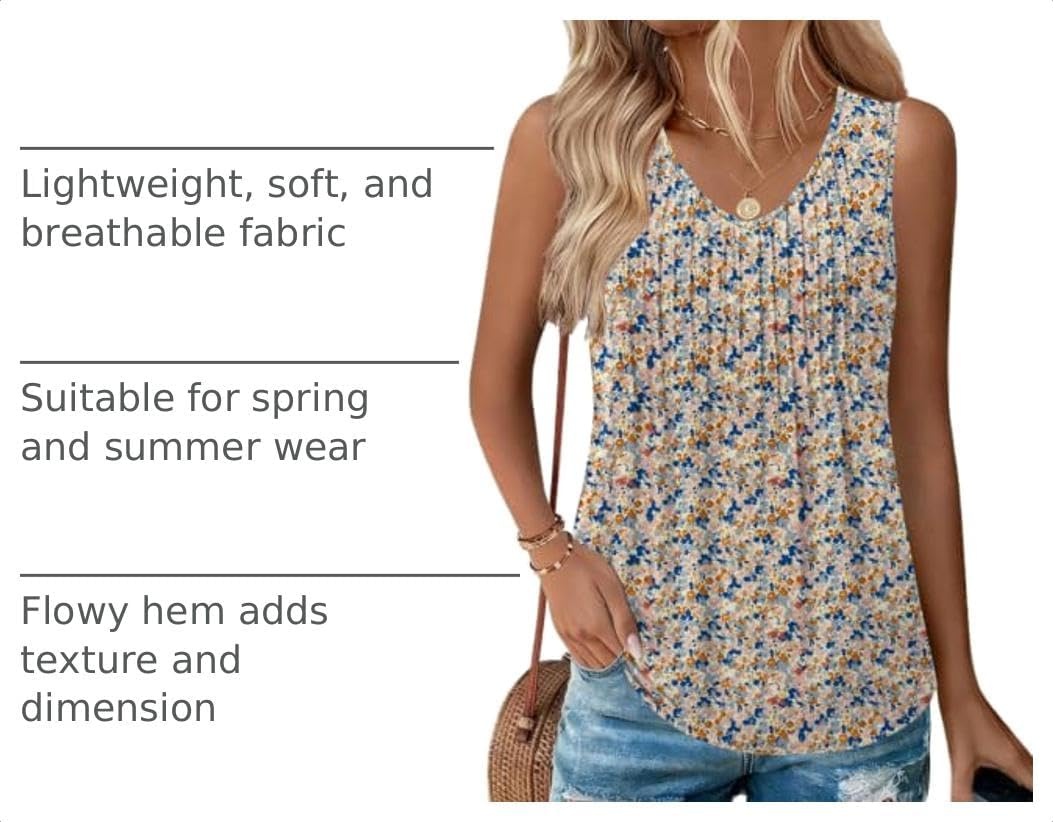 image:imageZeagoo Womens Tank Tops 2026 Sleeveless Pleated V Neck Loose Fit Summer Clothes Flowy Boho ShirtsFloral Xh498