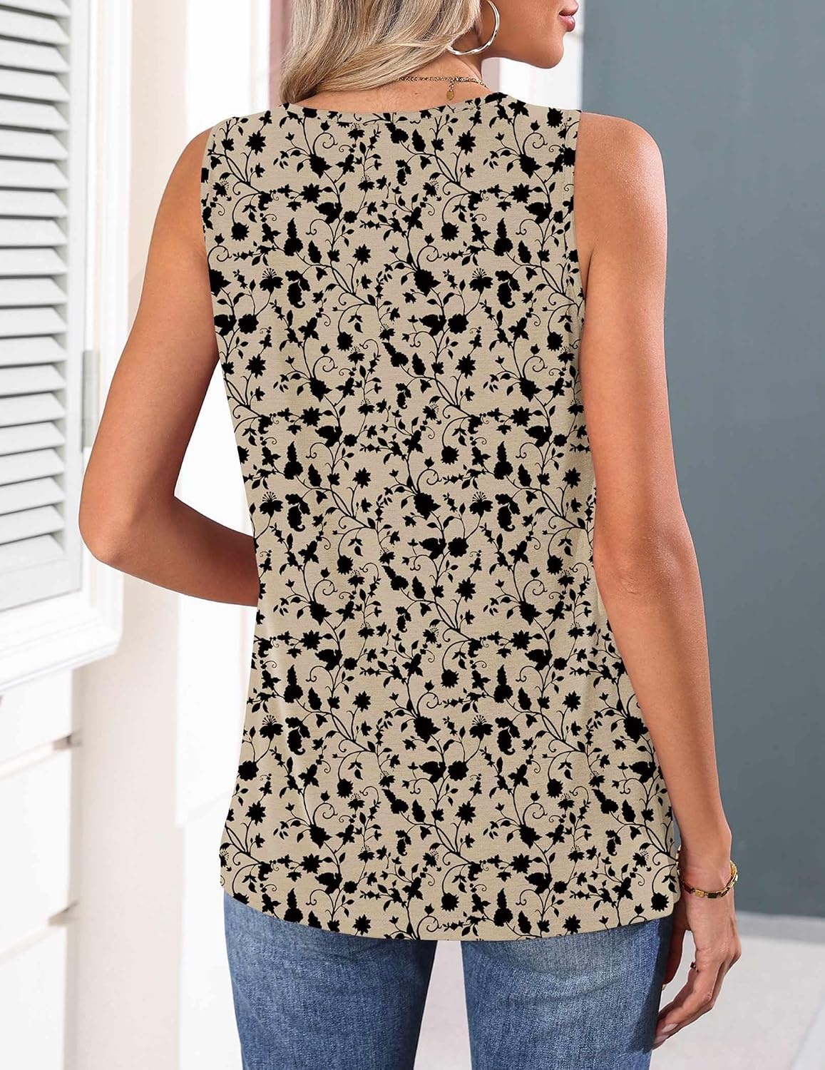 image:imageZeagoo Womens Tank Tops 2026 Summer Pleated Scoop Neck Sleeveless Lace Crochet Boho Tops Dressy Casual Loose Fit BlousesBeige Black Print