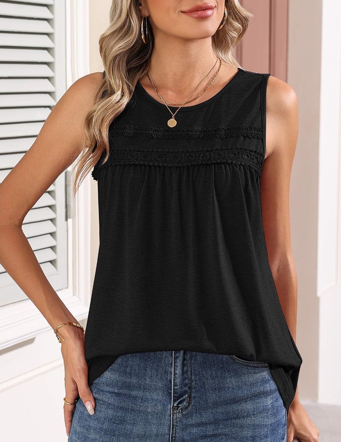 image:imageZeagoo Womens Tank Tops 2026 Summer Pleated Scoop Neck Sleeveless Lace Crochet Boho Tops Dressy Casual Loose Fit BlousesBlack