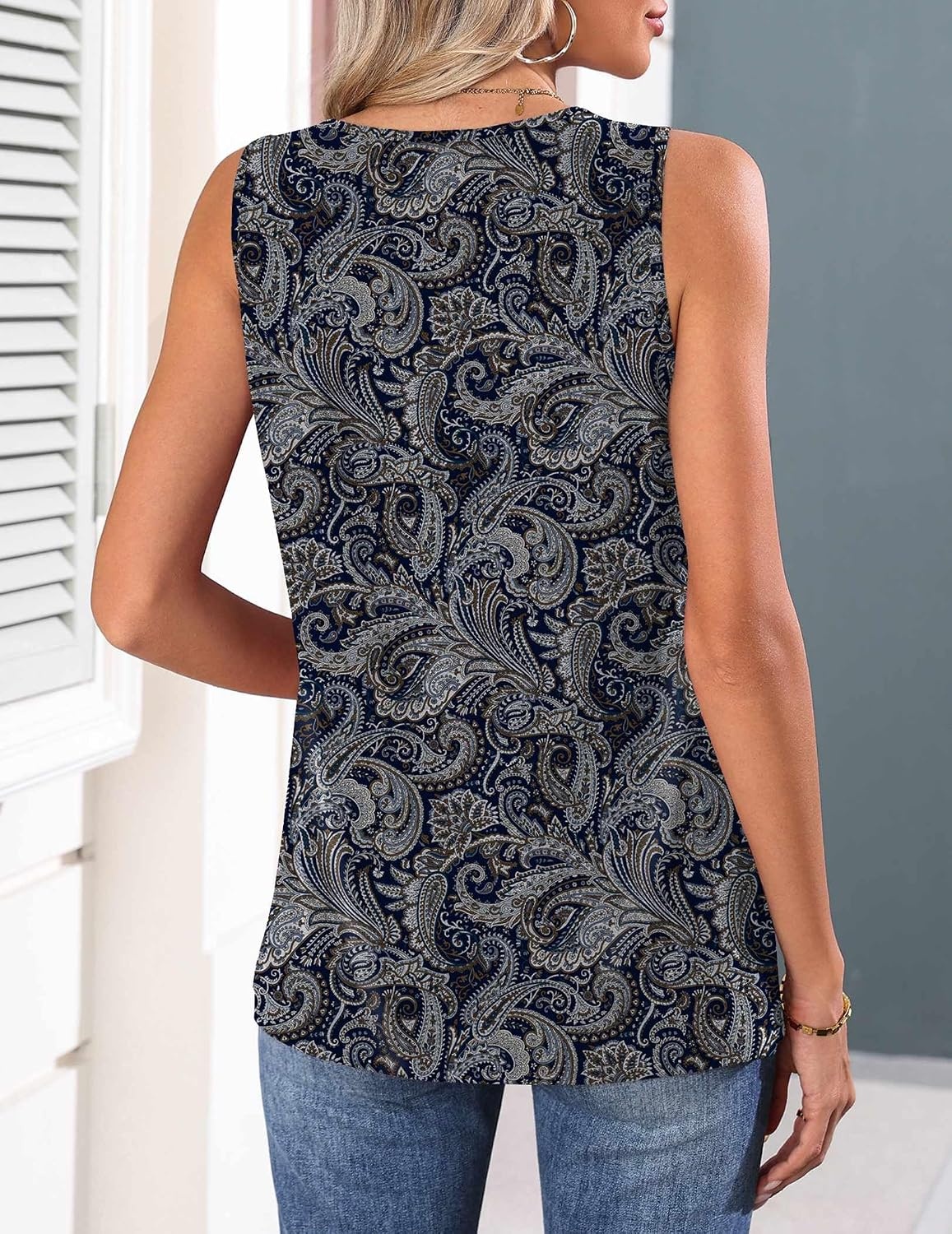image:imageZeagoo Womens Tank Tops 2026 Summer Pleated Scoop Neck Sleeveless Lace Crochet Boho Tops Dressy Casual Loose Fit BlousesBlack Boho Print