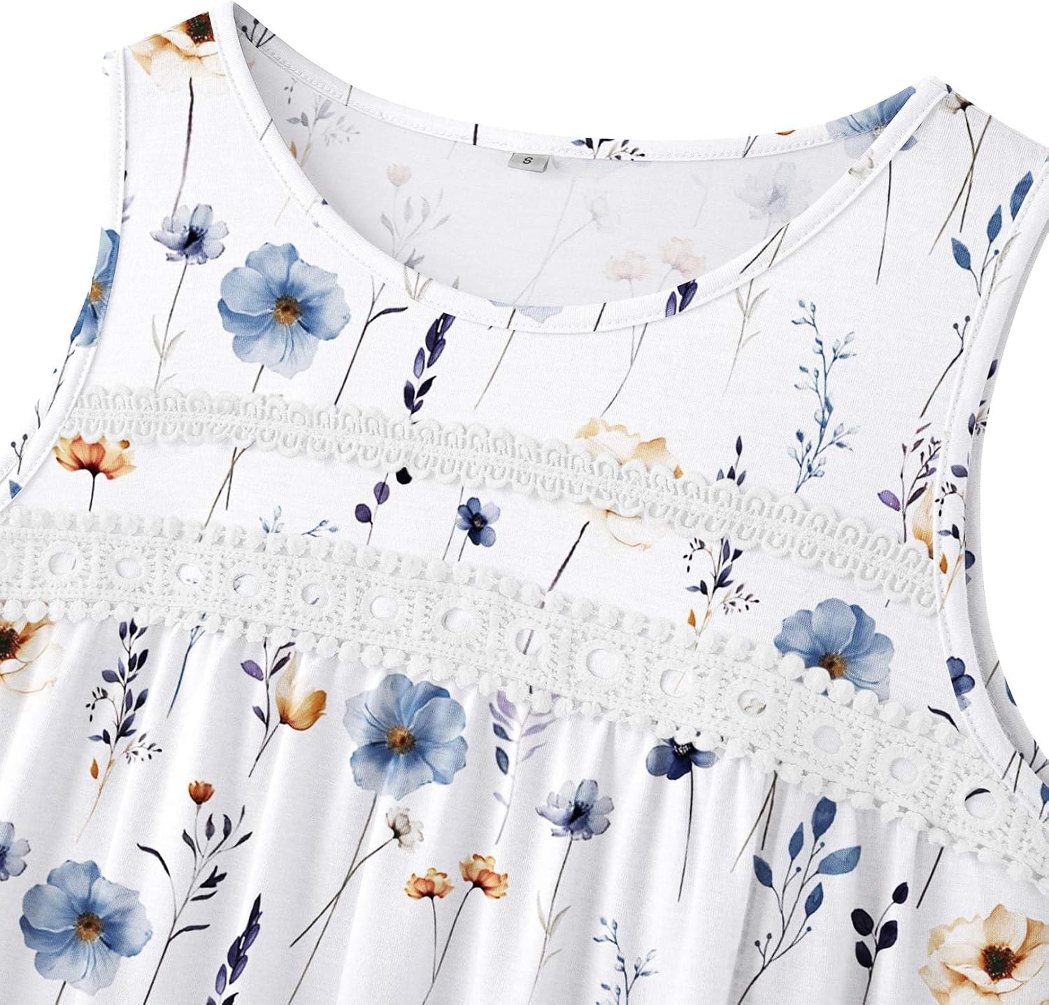 image:imageZeagoo Womens Tank Tops 2026 Summer Pleated Scoop Neck Sleeveless Lace Crochet Boho Tops Dressy Casual Loose Fit BlousesBlue Flower