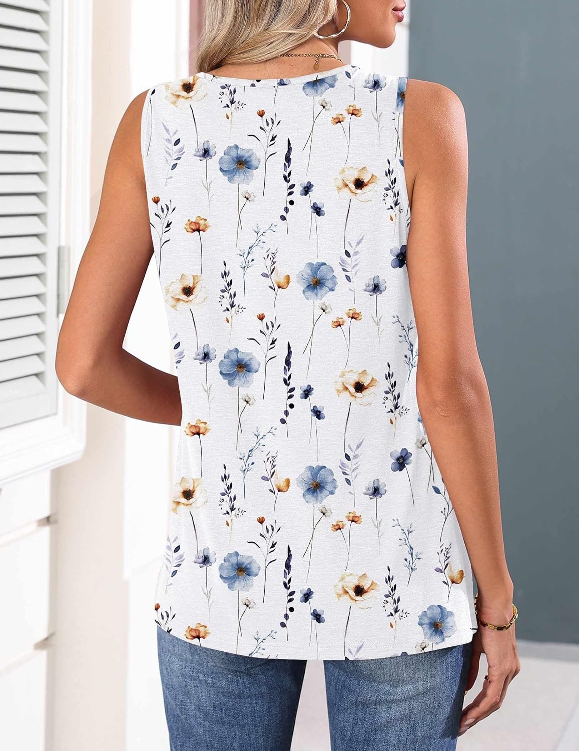 image:imageZeagoo Womens Tank Tops 2026 Summer Pleated Scoop Neck Sleeveless Lace Crochet Boho Tops Dressy Casual Loose Fit BlousesBlue Flower