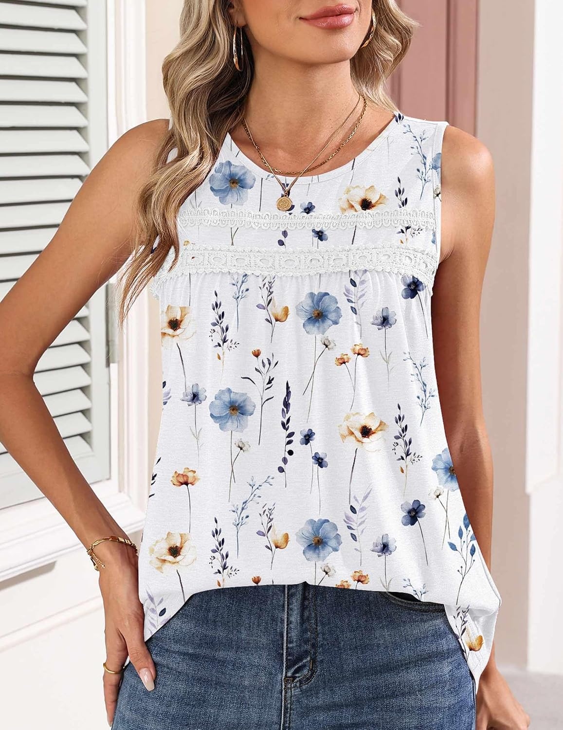 image:imageZeagoo Womens Tank Tops 2026 Summer Pleated Scoop Neck Sleeveless Lace Crochet Boho Tops Dressy Casual Loose Fit BlousesBlue Flower