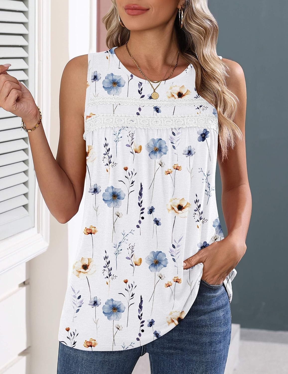 image:imageZeagoo Womens Tank Tops 2026 Summer Pleated Scoop Neck Sleeveless Lace Crochet Boho Tops Dressy Casual Loose Fit BlousesBlue Flower