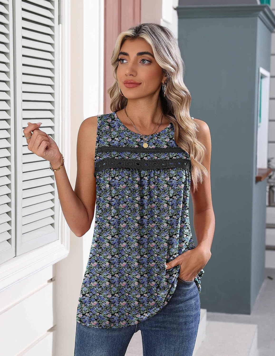 image:imageZeagoo Womens Tank Tops 2026 Summer Pleated Scoop Neck Sleeveless Lace Crochet Boho Tops Dressy Casual Loose Fit BlousesBlue Pink Green Black Flower