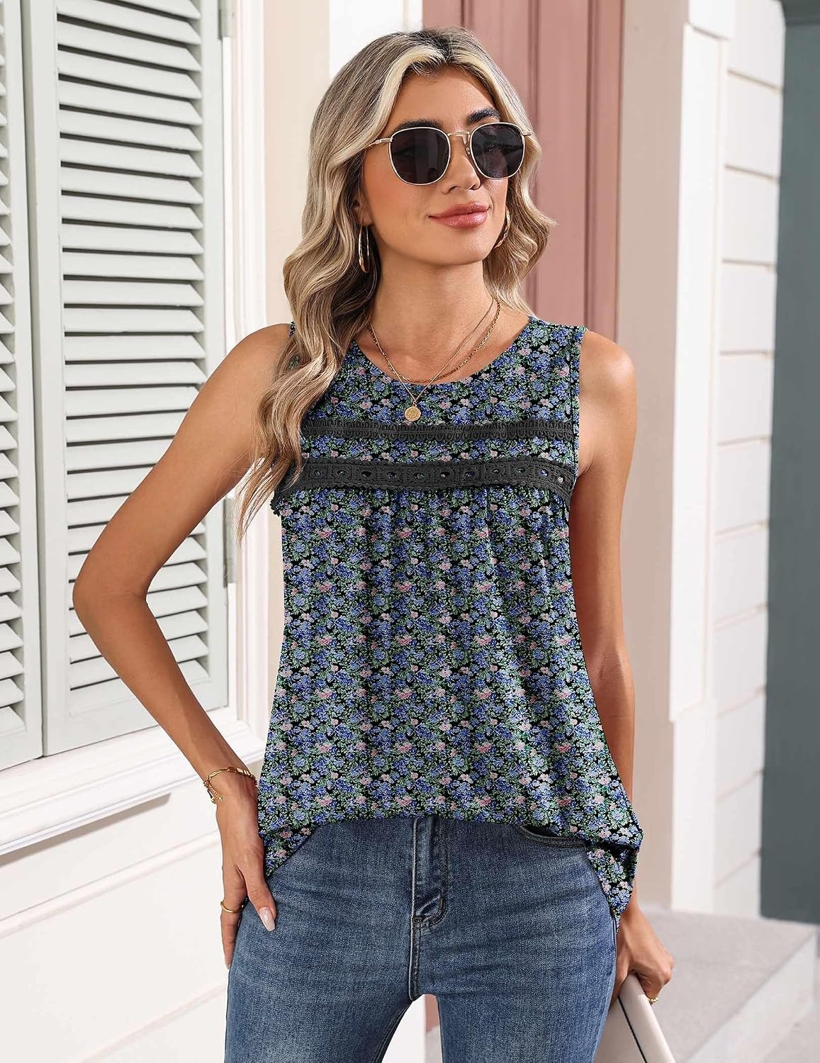 image:imageZeagoo Womens Tank Tops 2026 Summer Pleated Scoop Neck Sleeveless Lace Crochet Boho Tops Dressy Casual Loose Fit BlousesBlue Pink Green Black Flower