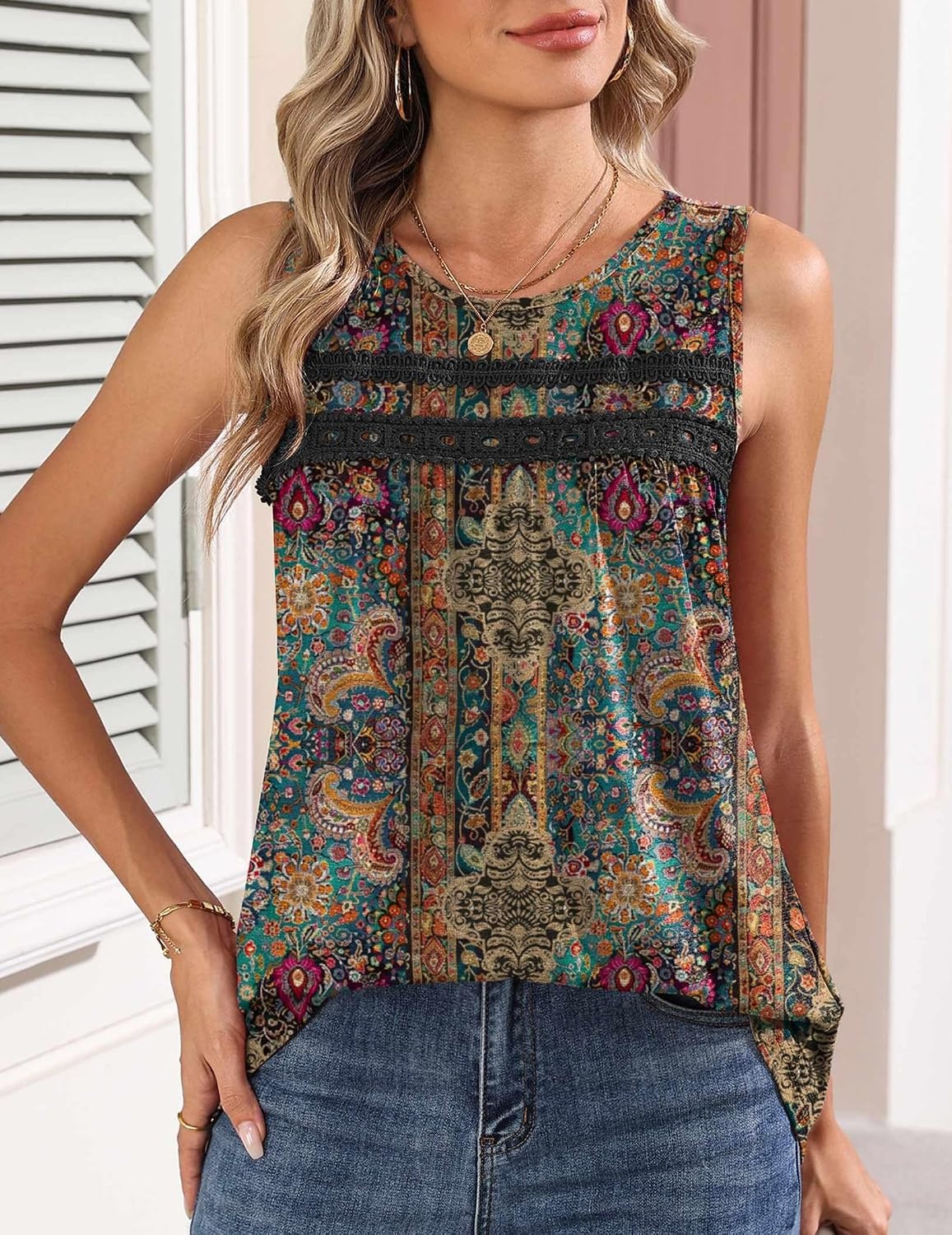 image:imageZeagoo Womens Tank Tops 2026 Summer Pleated Scoop Neck Sleeveless Lace Crochet Boho Tops Dressy Casual Loose Fit BlousesBrown Boho Print