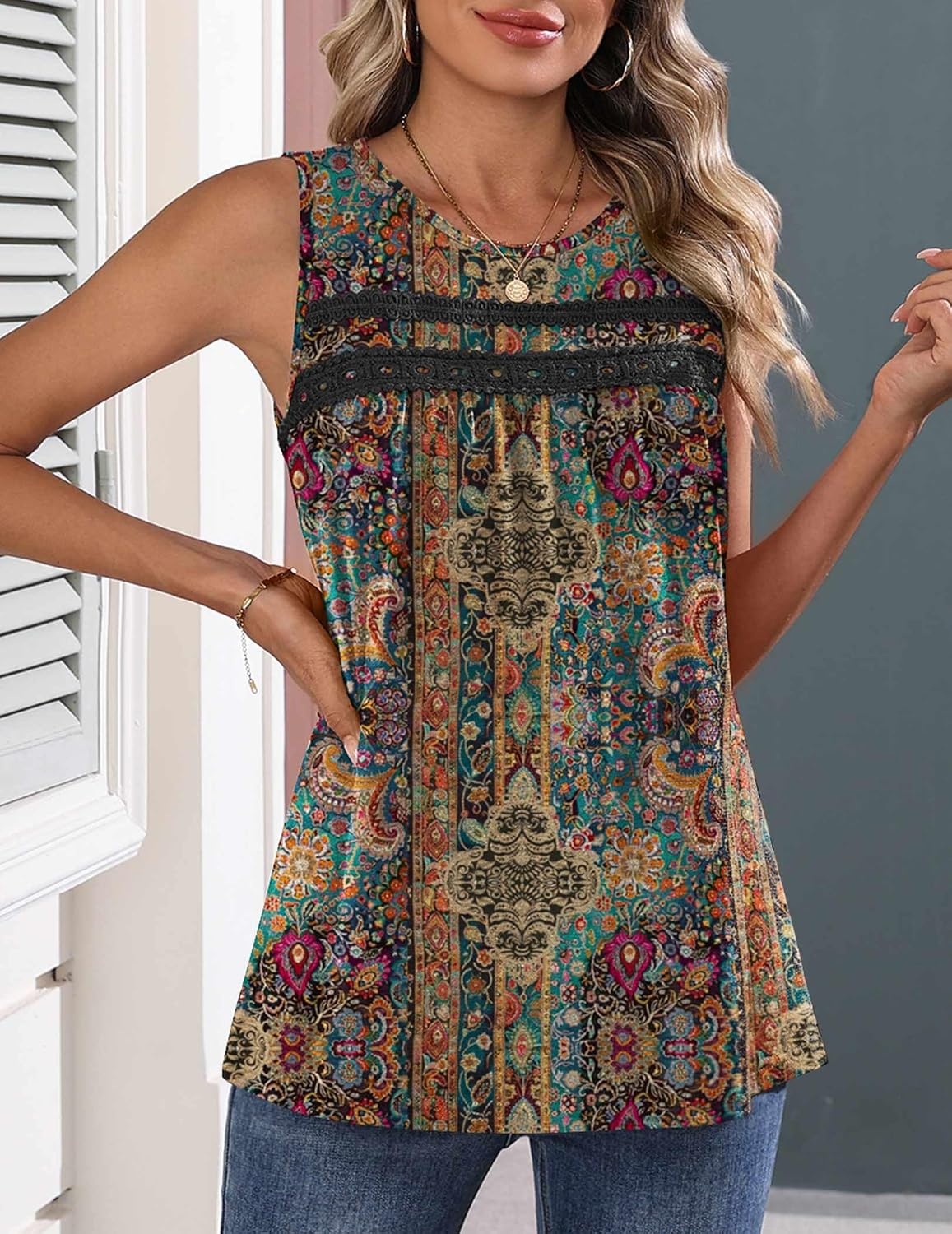 image:imageZeagoo Womens Tank Tops 2026 Summer Pleated Scoop Neck Sleeveless Lace Crochet Boho Tops Dressy Casual Loose Fit BlousesBrown Boho Print