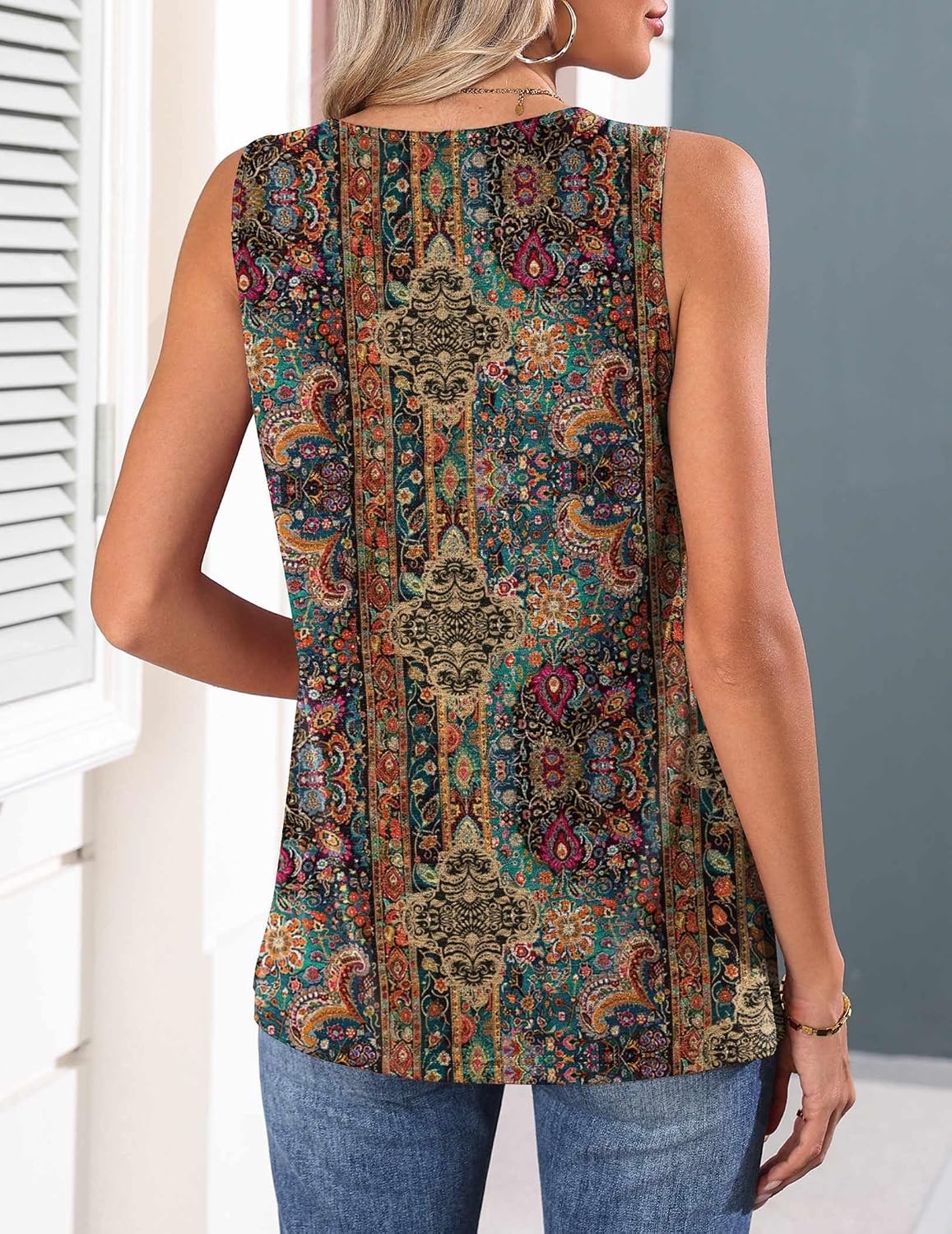 image:imageZeagoo Womens Tank Tops 2026 Summer Pleated Scoop Neck Sleeveless Lace Crochet Boho Tops Dressy Casual Loose Fit BlousesBrown Boho Print