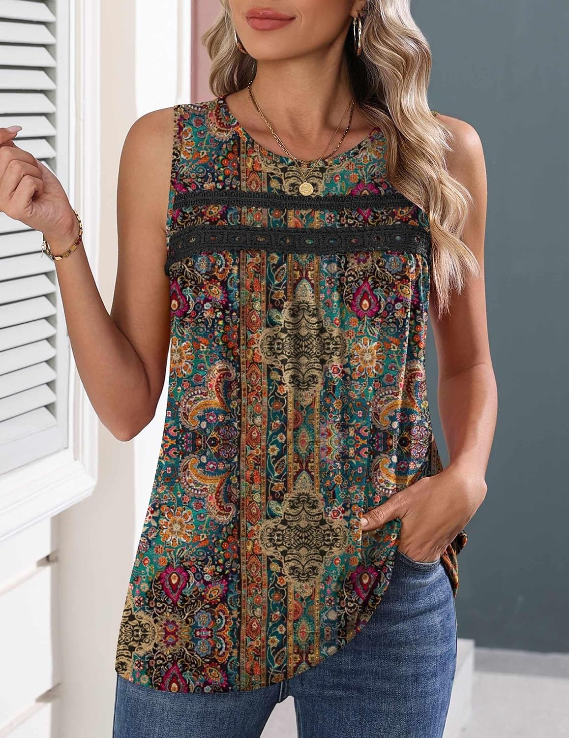 image:imageZeagoo Womens Tank Tops 2026 Summer Pleated Scoop Neck Sleeveless Lace Crochet Boho Tops Dressy Casual Loose Fit BlousesBrown Boho Print