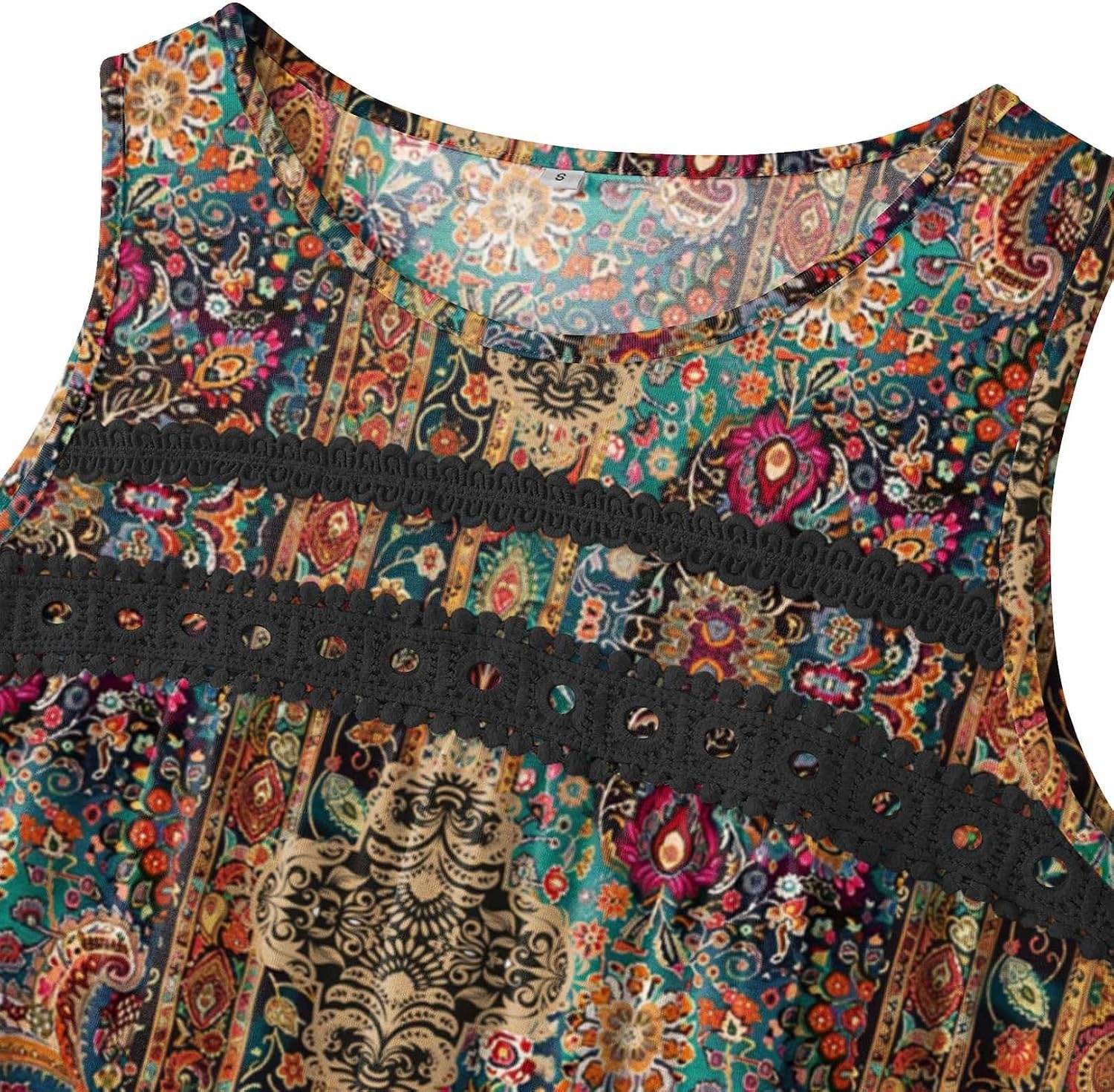 image:imageZeagoo Womens Tank Tops 2026 Summer Pleated Scoop Neck Sleeveless Lace Crochet Boho Tops Dressy Casual Loose Fit BlousesBrown Boho Print
