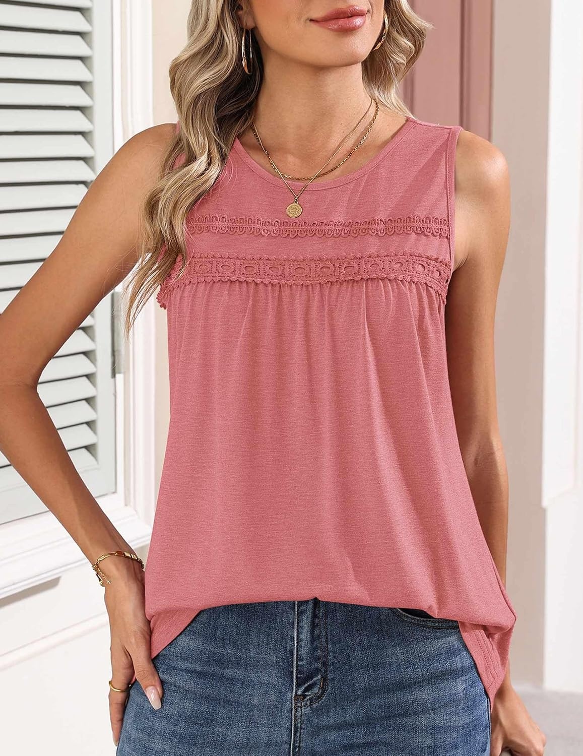 image:imageZeagoo Womens Tank Tops 2026 Summer Pleated Scoop Neck Sleeveless Lace Crochet Boho Tops Dressy Casual Loose Fit BlousesCoral