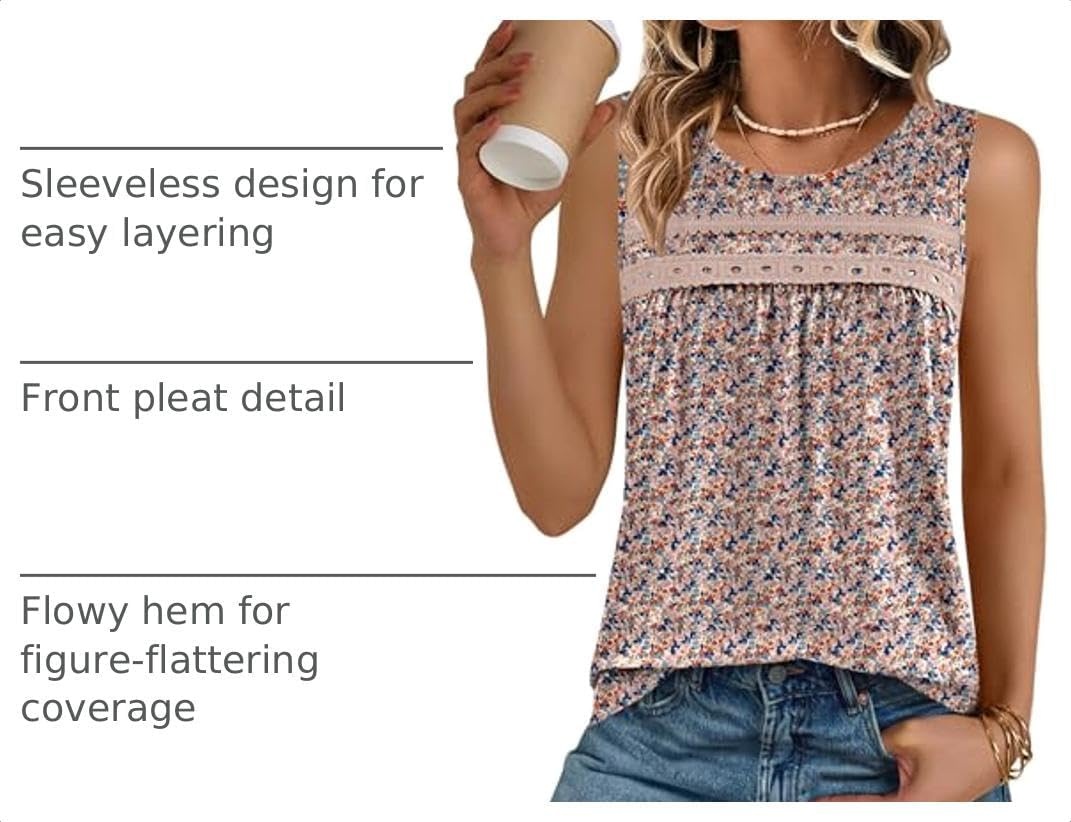 image:imageZeagoo Womens Tank Tops 2026 Summer Pleated Scoop Neck Sleeveless Lace Crochet Boho Tops Dressy Casual Loose Fit BlousesFloral Pink