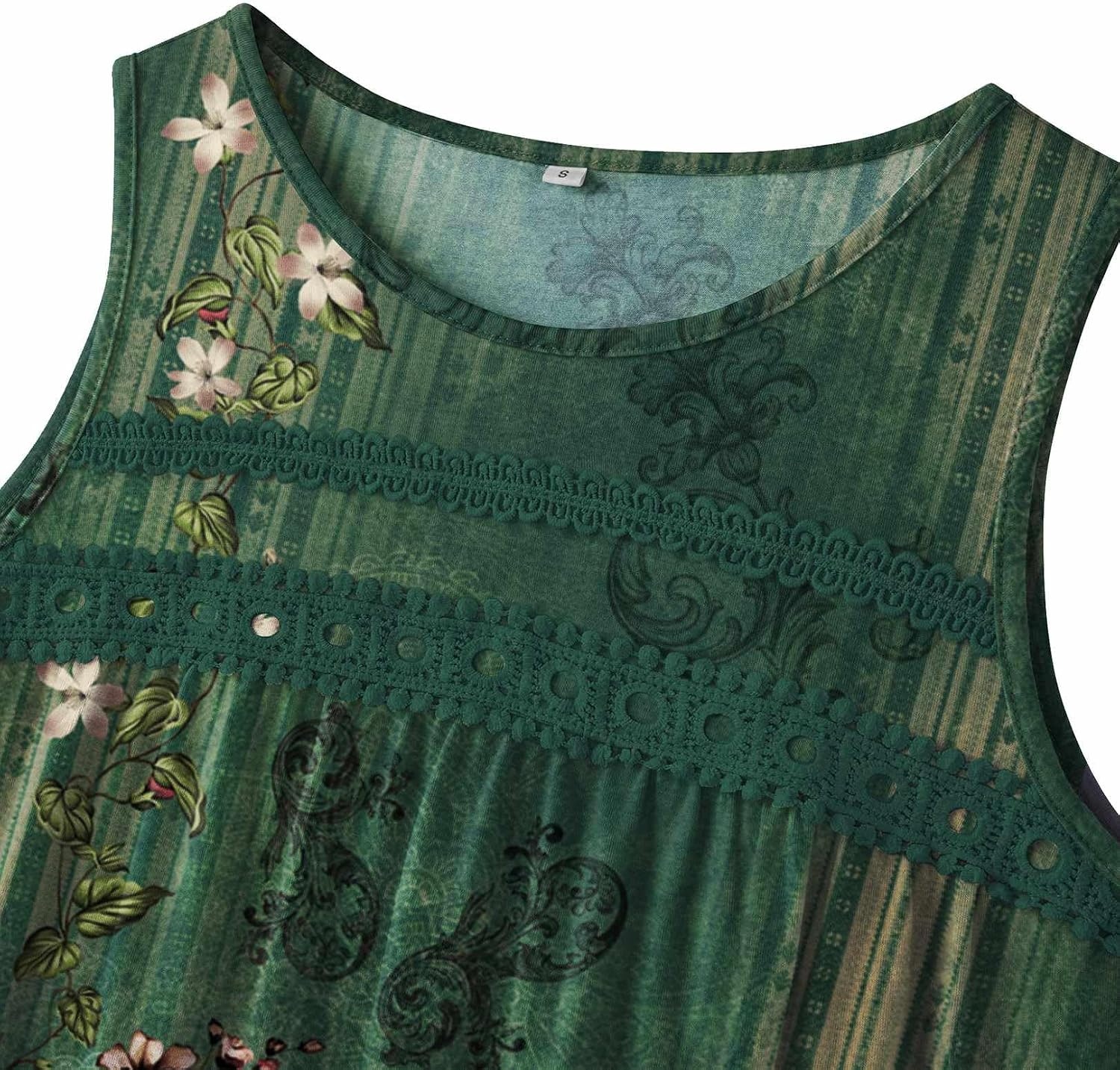 image:imageZeagoo Womens Tank Tops 2026 Summer Pleated Scoop Neck Sleeveless Lace Crochet Boho Tops Dressy Casual Loose Fit BlousesGreen Flower