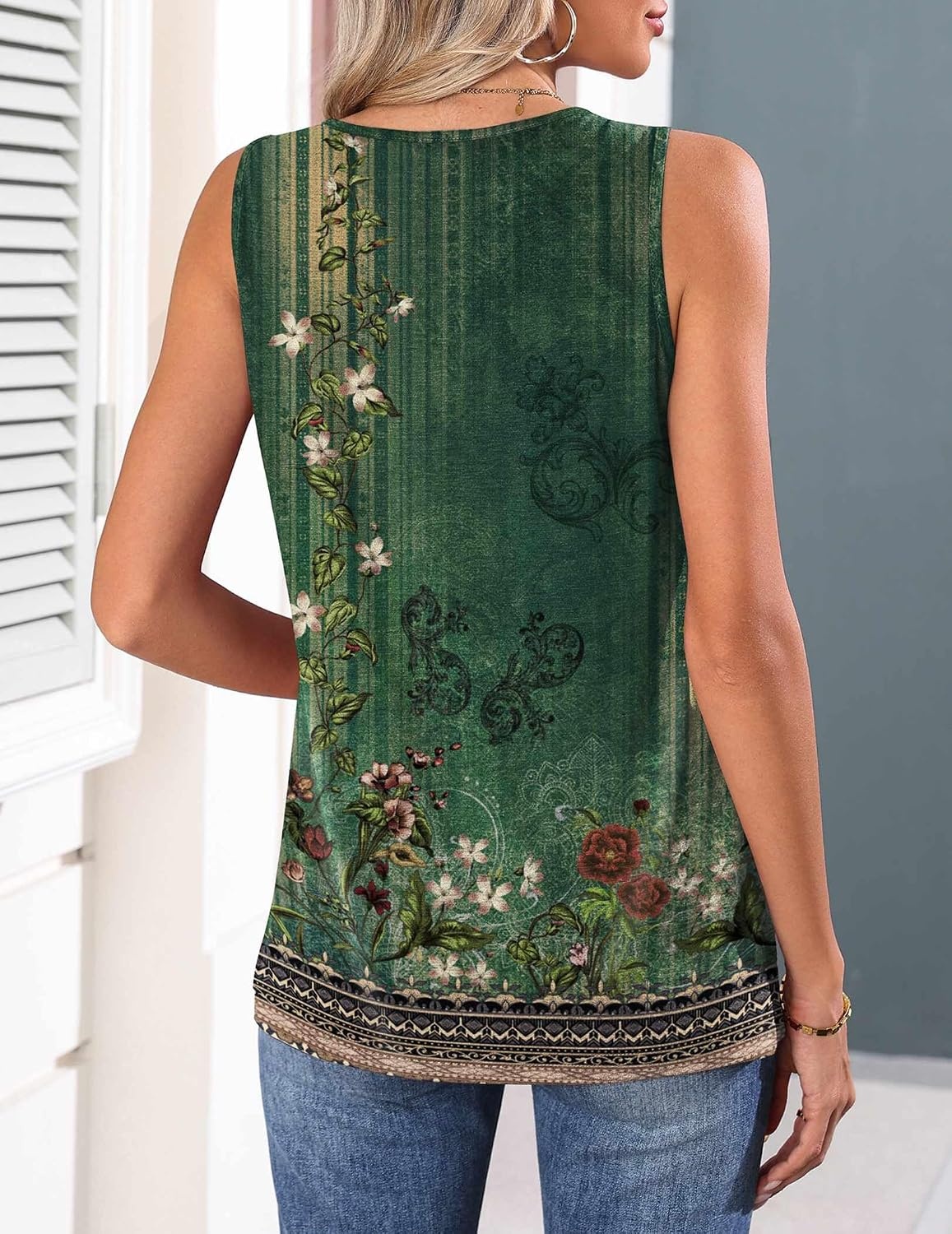 image:imageZeagoo Womens Tank Tops 2026 Summer Pleated Scoop Neck Sleeveless Lace Crochet Boho Tops Dressy Casual Loose Fit BlousesGreen Flower