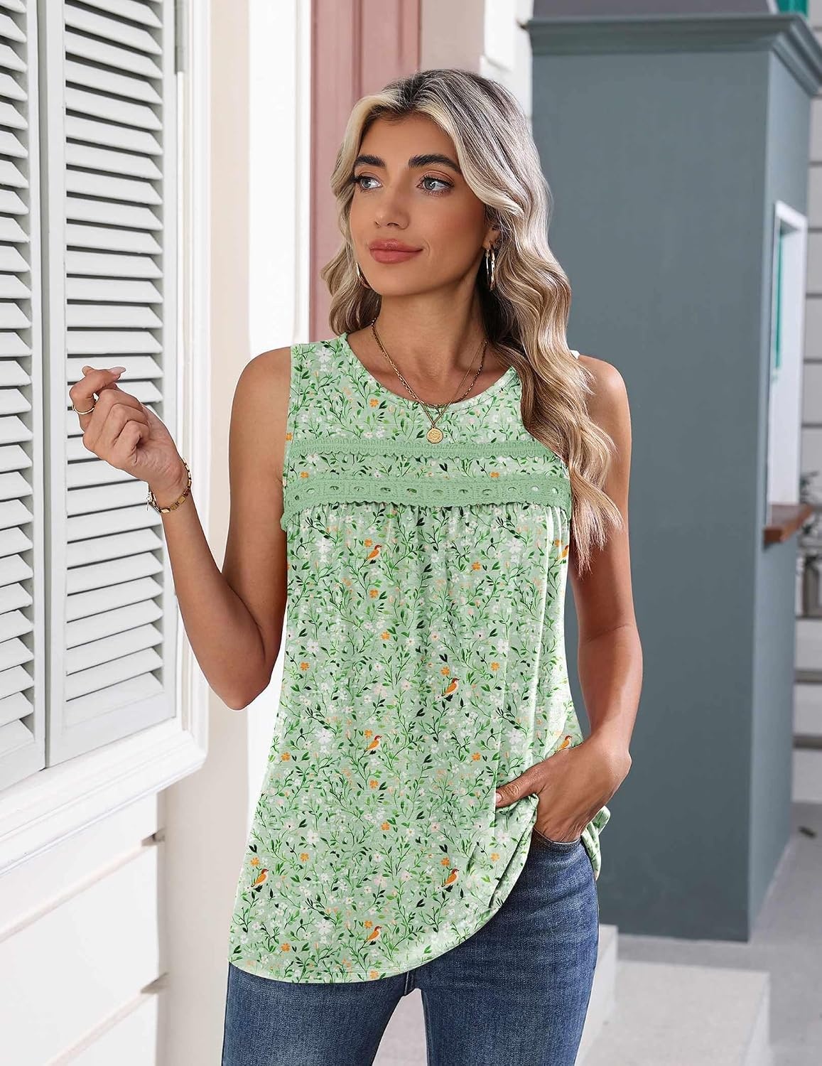 image:imageZeagoo Womens Tank Tops 2026 Summer Pleated Scoop Neck Sleeveless Lace Crochet Boho Tops Dressy Casual Loose Fit BlousesGreen Small Foral