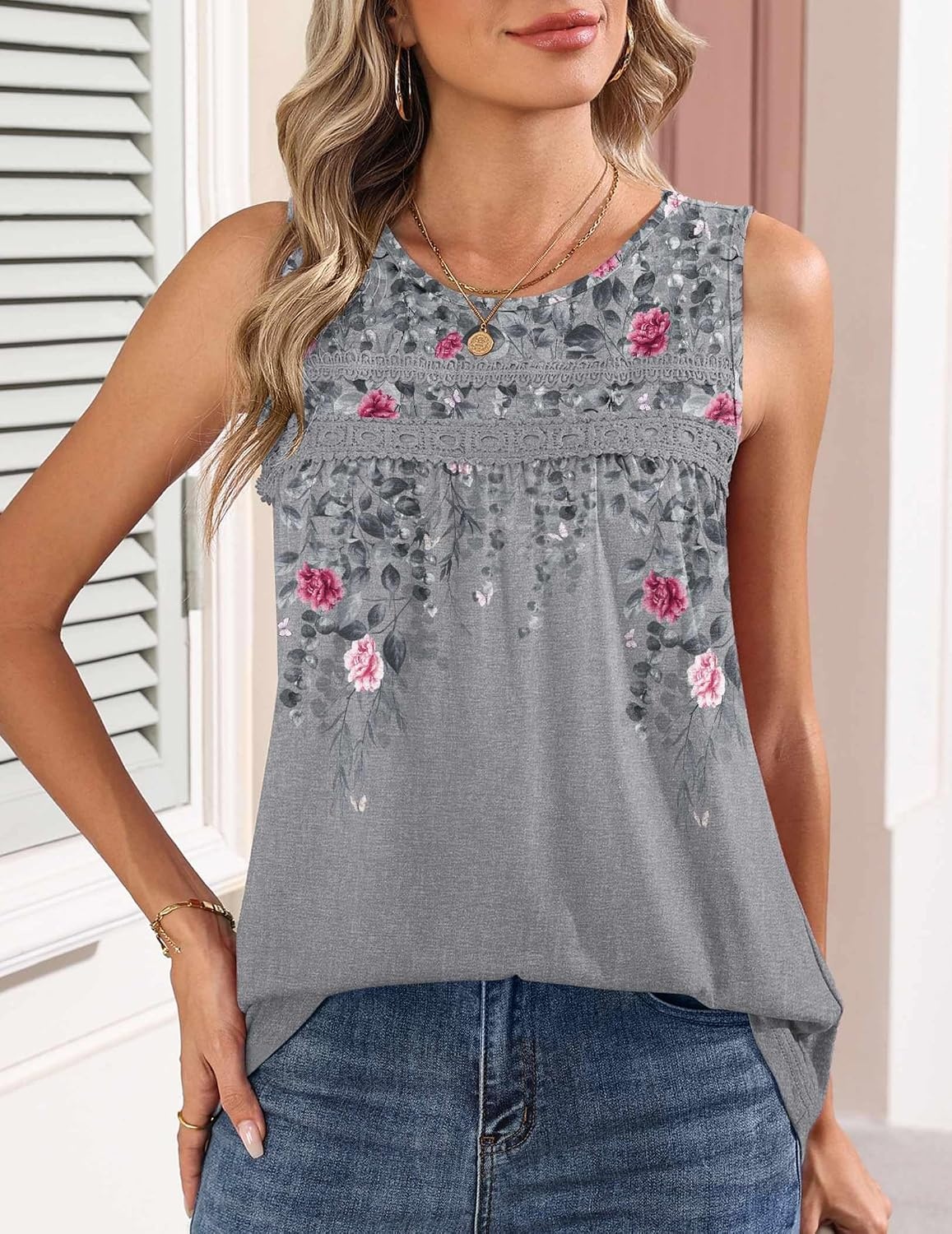 image:imageZeagoo Womens Tank Tops 2026 Summer Pleated Scoop Neck Sleeveless Lace Crochet Boho Tops Dressy Casual Loose Fit BlousesGrey Flower