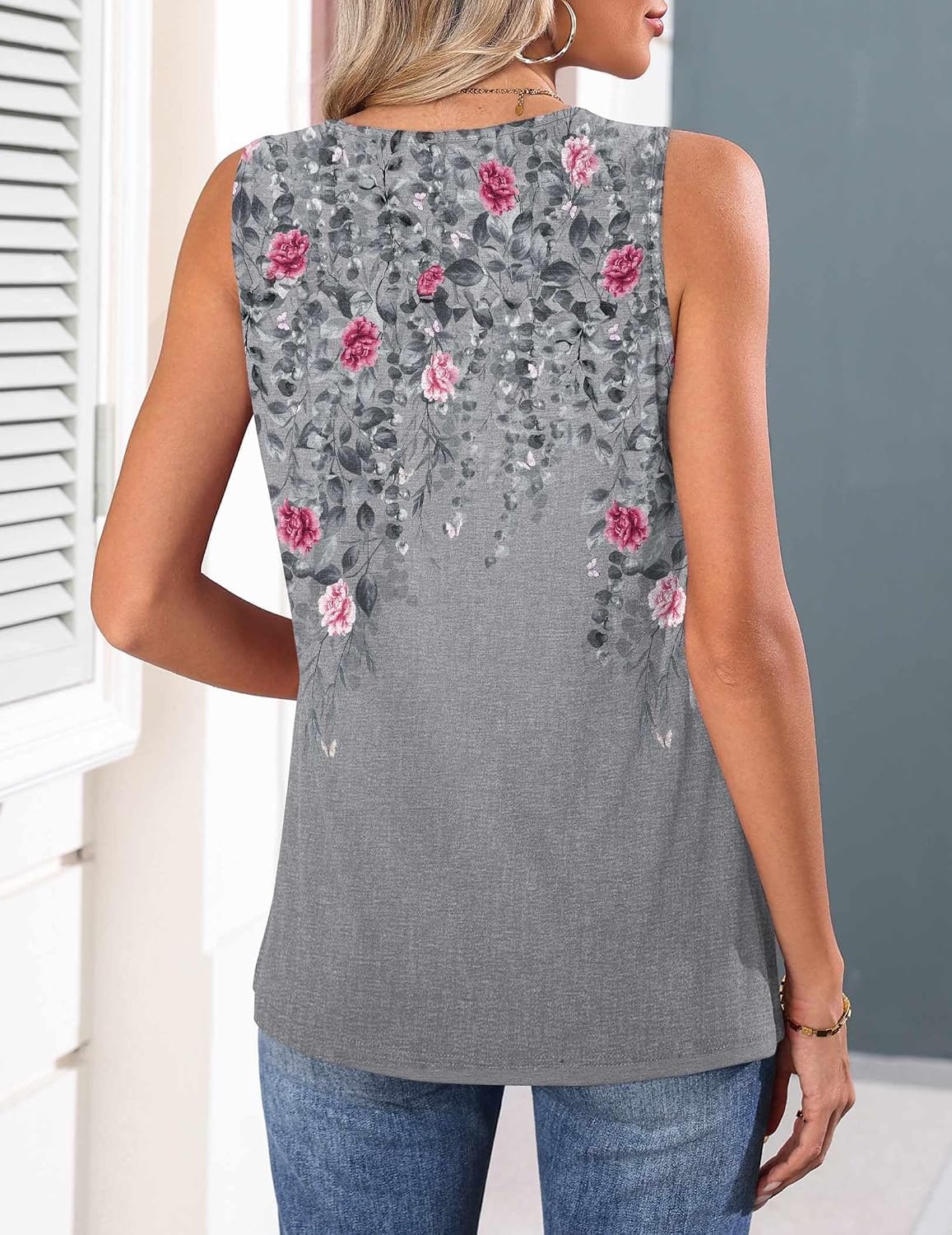 image:imageZeagoo Womens Tank Tops 2026 Summer Pleated Scoop Neck Sleeveless Lace Crochet Boho Tops Dressy Casual Loose Fit BlousesGrey Flower
