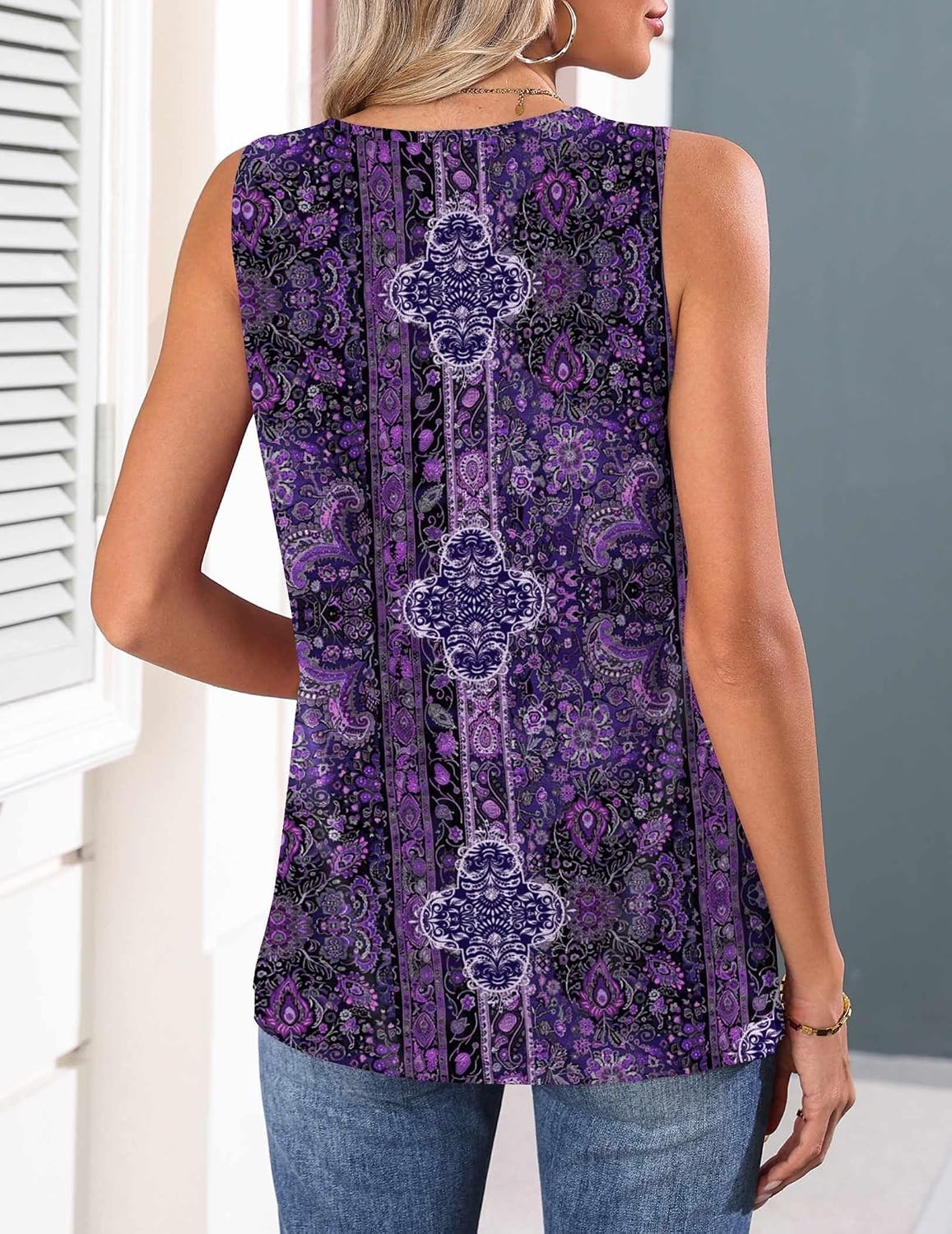 image:imageZeagoo Womens Tank Tops 2026 Summer Pleated Scoop Neck Sleeveless Lace Crochet Boho Tops Dressy Casual Loose Fit BlousesPurple Boho Print