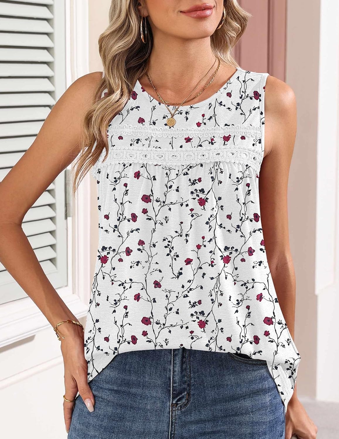 image:imageZeagoo Womens Tank Tops 2026 Summer Pleated Scoop Neck Sleeveless Lace Crochet Boho Tops Dressy Casual Loose Fit BlousesWhite Red Flower