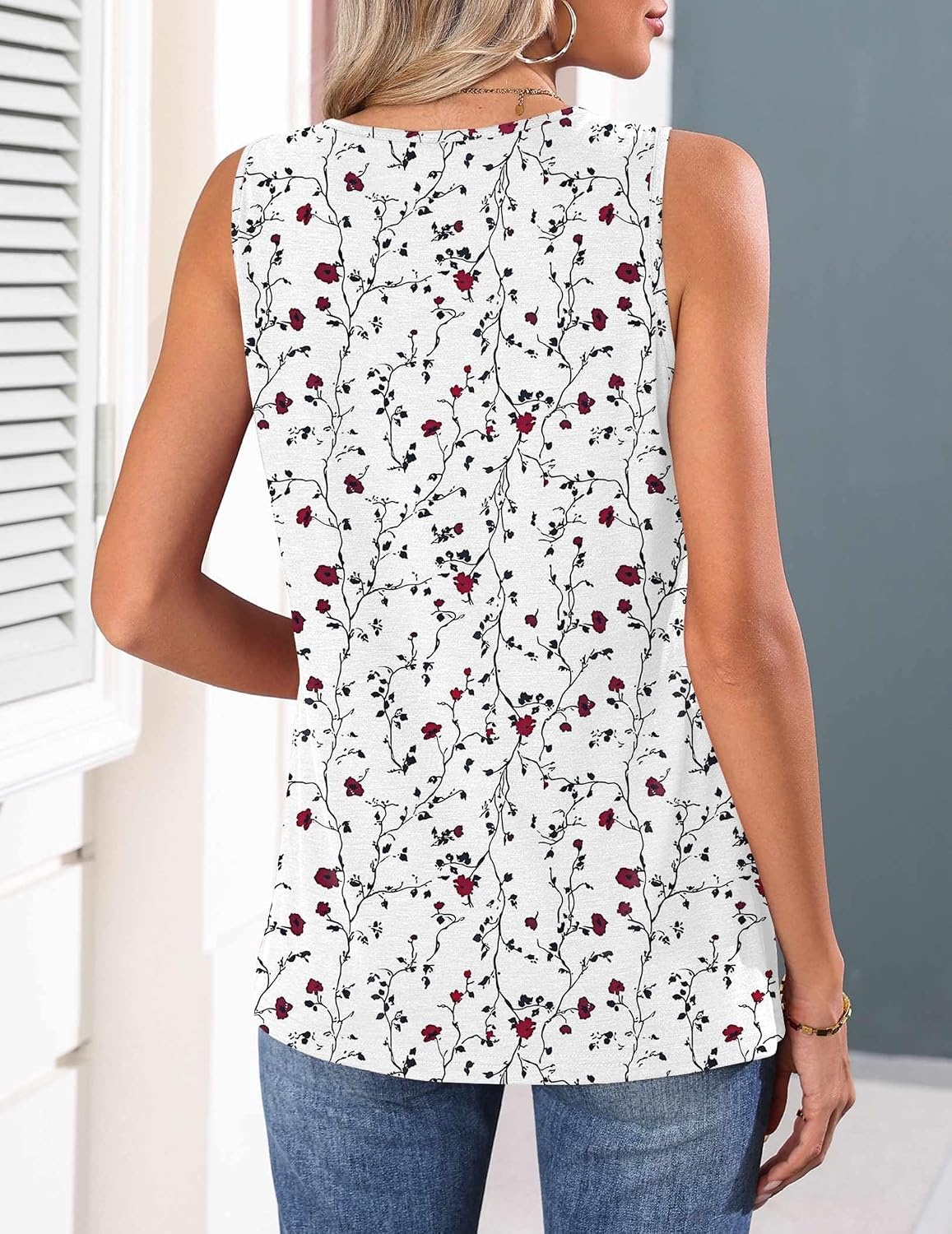 image:imageZeagoo Womens Tank Tops 2026 Summer Pleated Scoop Neck Sleeveless Lace Crochet Boho Tops Dressy Casual Loose Fit BlousesWhite Red Flower
