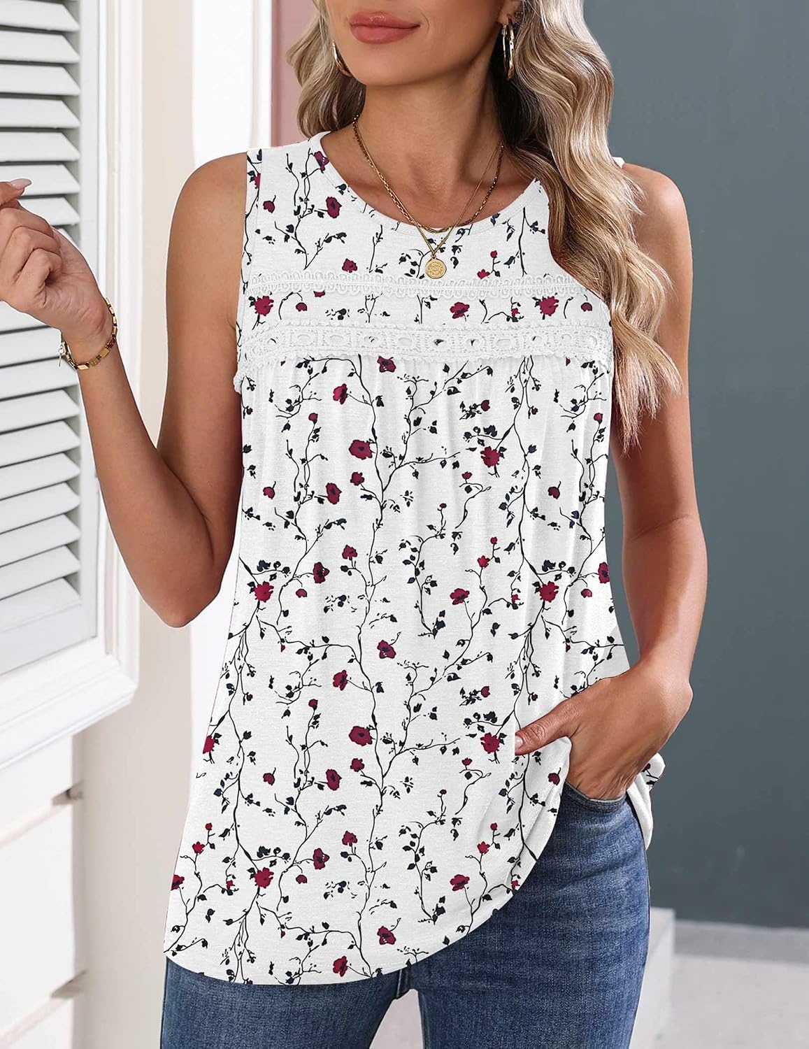 image:imageZeagoo Womens Tank Tops 2026 Summer Pleated Scoop Neck Sleeveless Lace Crochet Boho Tops Dressy Casual Loose Fit BlousesWhite Red Flower
