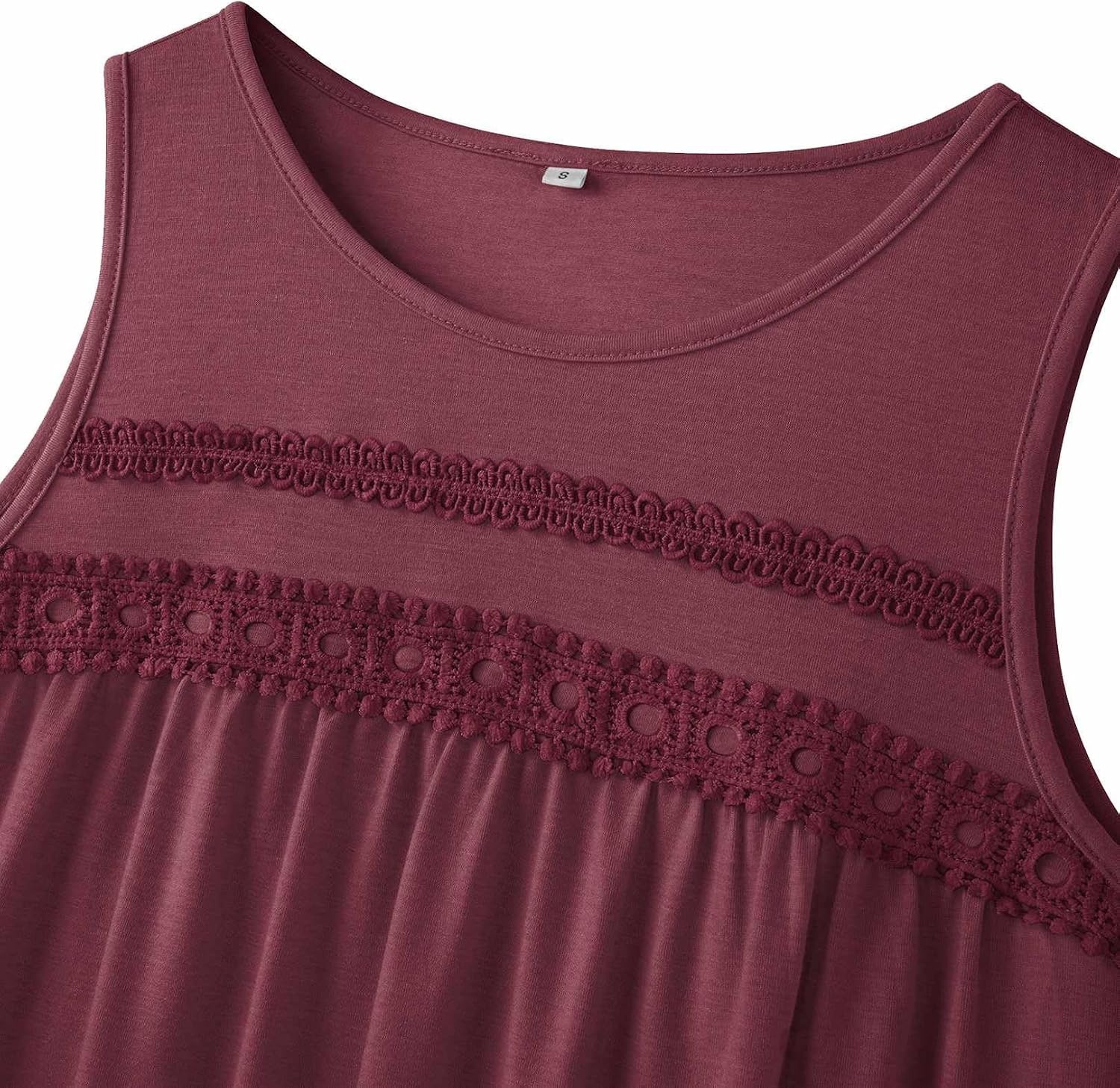image:imageZeagoo Womens Tank Tops 2026 Summer Pleated Scoop Neck Sleeveless Lace Crochet Boho Tops Dressy Casual Loose Fit BlousesWine Red