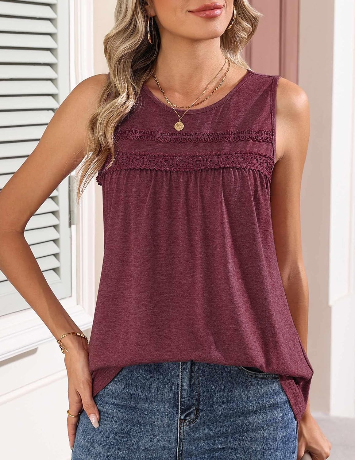 image:imageZeagoo Womens Tank Tops 2026 Summer Pleated Scoop Neck Sleeveless Lace Crochet Boho Tops Dressy Casual Loose Fit BlousesWine Red
