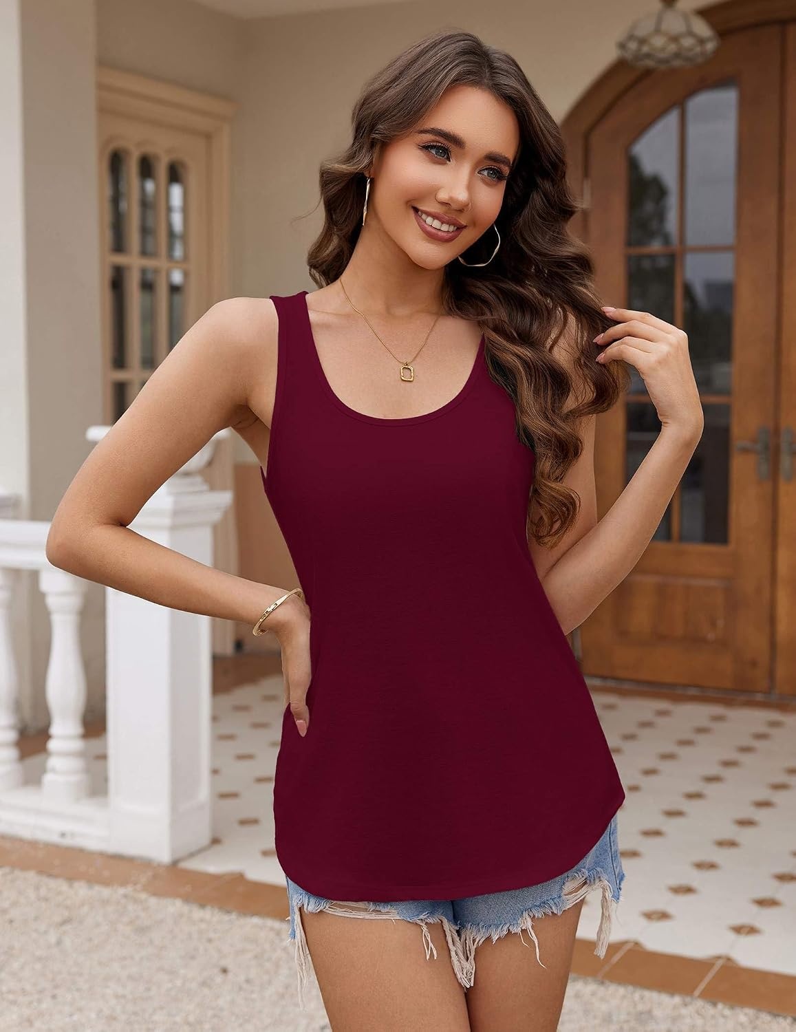image:imageZeagoo Womens Tank Tops Flowy Loose Fit Scoop Neck Casual Summer Tops Curvy HemWine Red