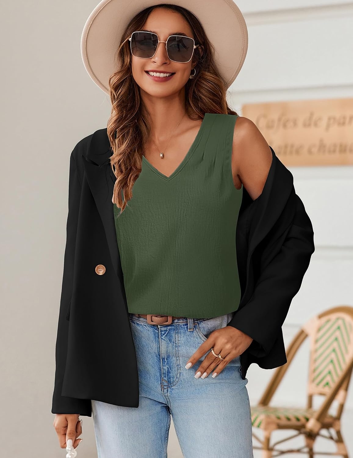 image:imageZeagoo Womens Tank Tops Pleated V Neck Business Casual Sleeveless Shirts Trendy Dressy Textured Summer Work BlouseArmy Green