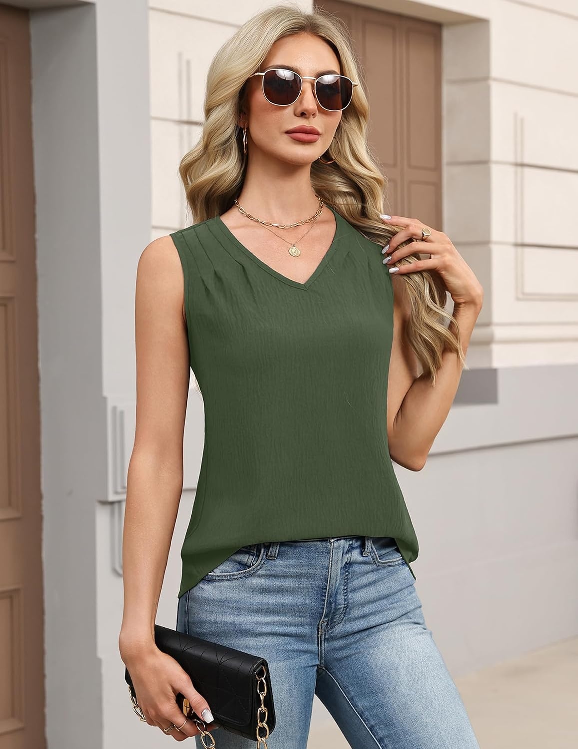 image:imageZeagoo Womens Tank Tops Pleated V Neck Business Casual Sleeveless Shirts Trendy Dressy Textured Summer Work BlouseArmy Green