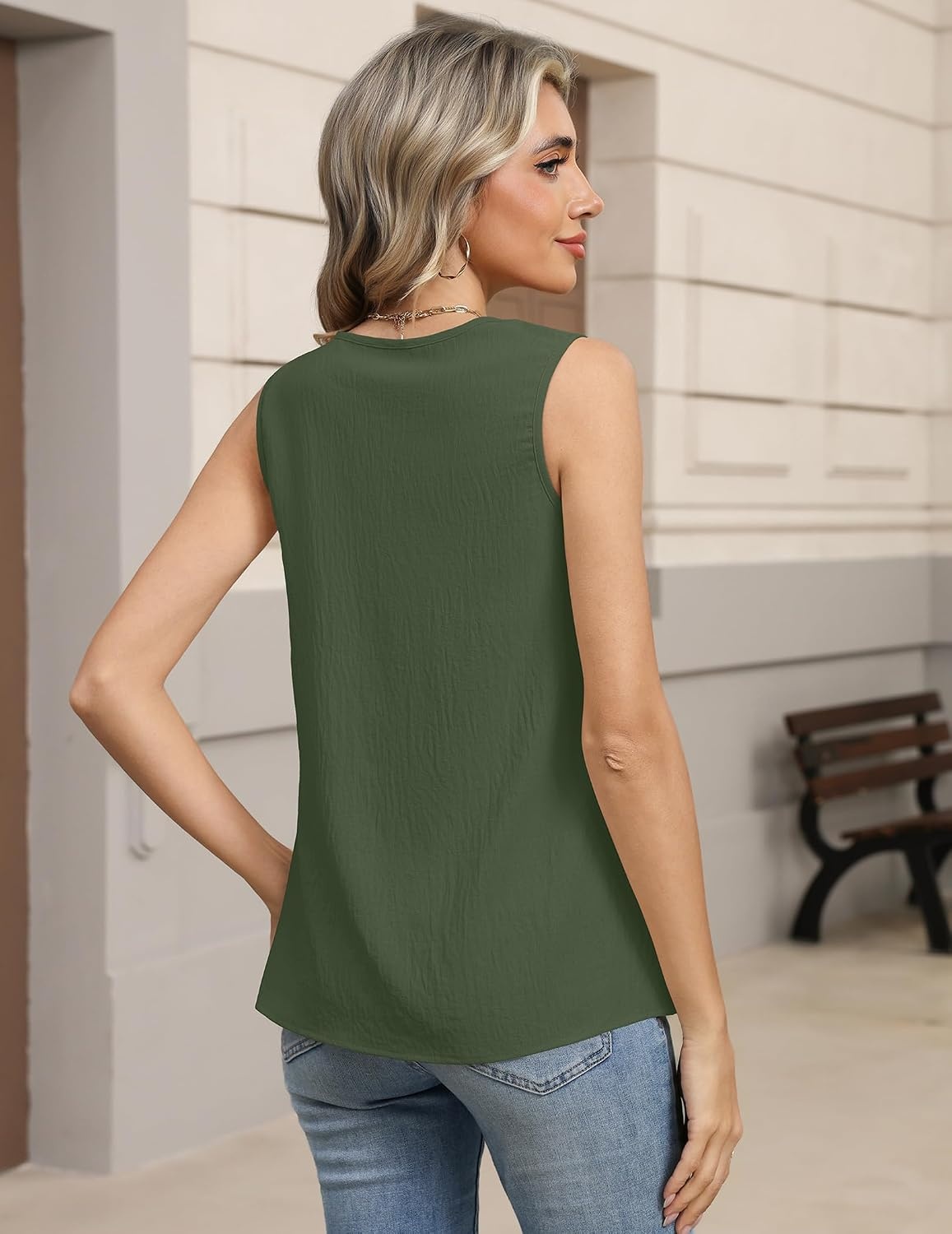 image:imageZeagoo Womens Tank Tops Pleated V Neck Business Casual Sleeveless Shirts Trendy Dressy Textured Summer Work BlouseArmy Green