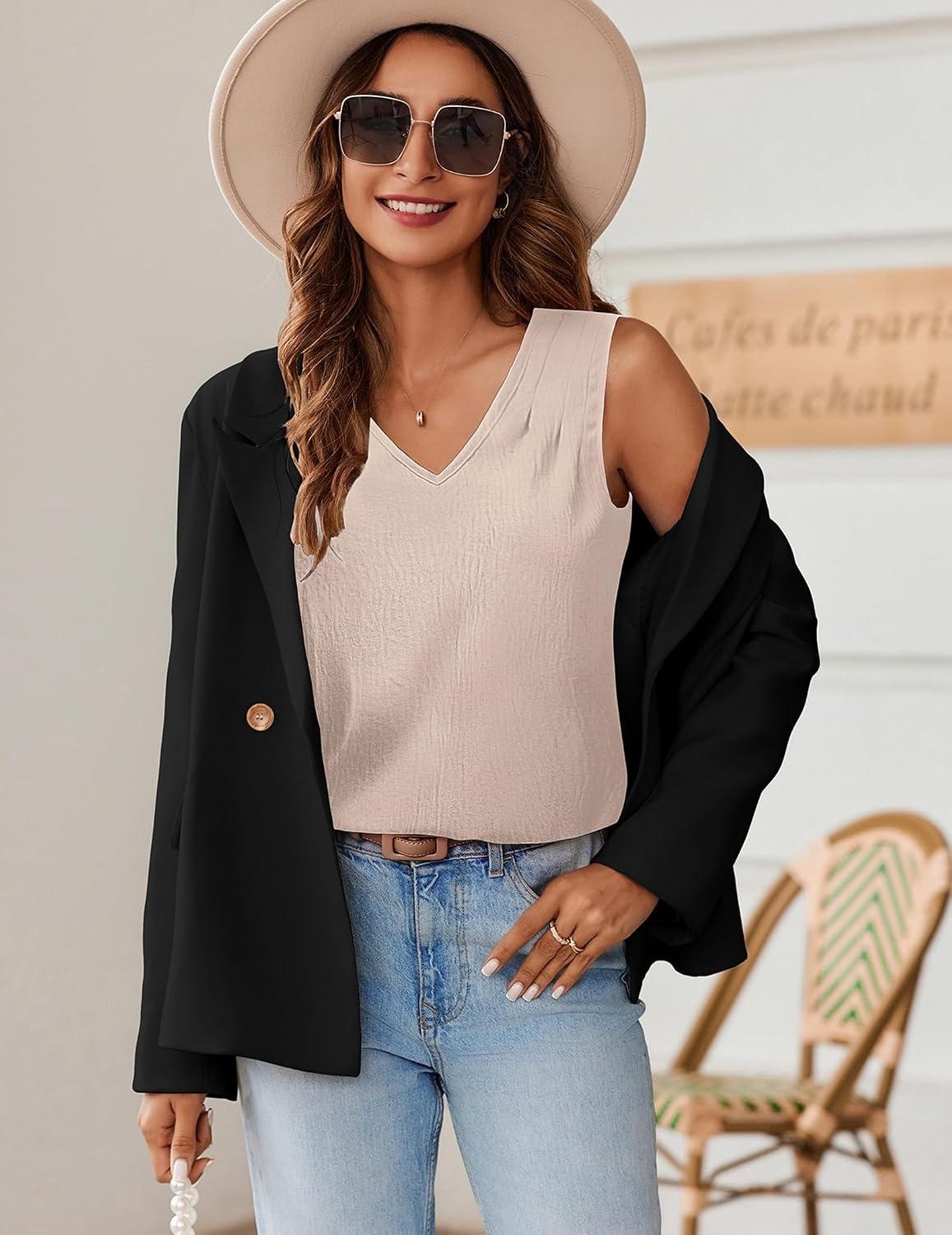 image:imageZeagoo Womens Tank Tops Pleated V Neck Business Casual Sleeveless Shirts Trendy Dressy Textured Summer Work BlouseBeige