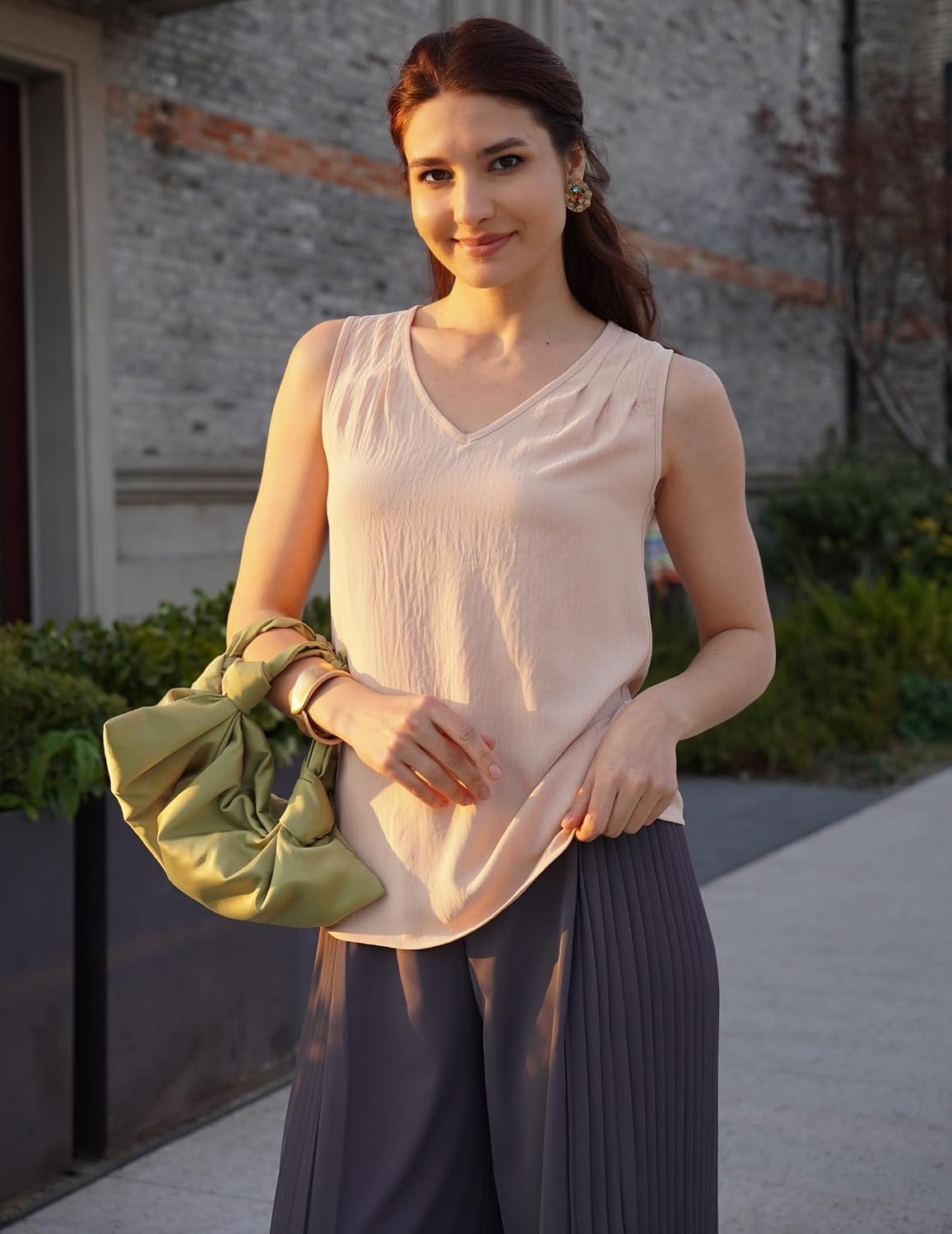 image:imageZeagoo Womens Tank Tops Pleated V Neck Business Casual Sleeveless Shirts Trendy Dressy Textured Summer Work BlouseBeige