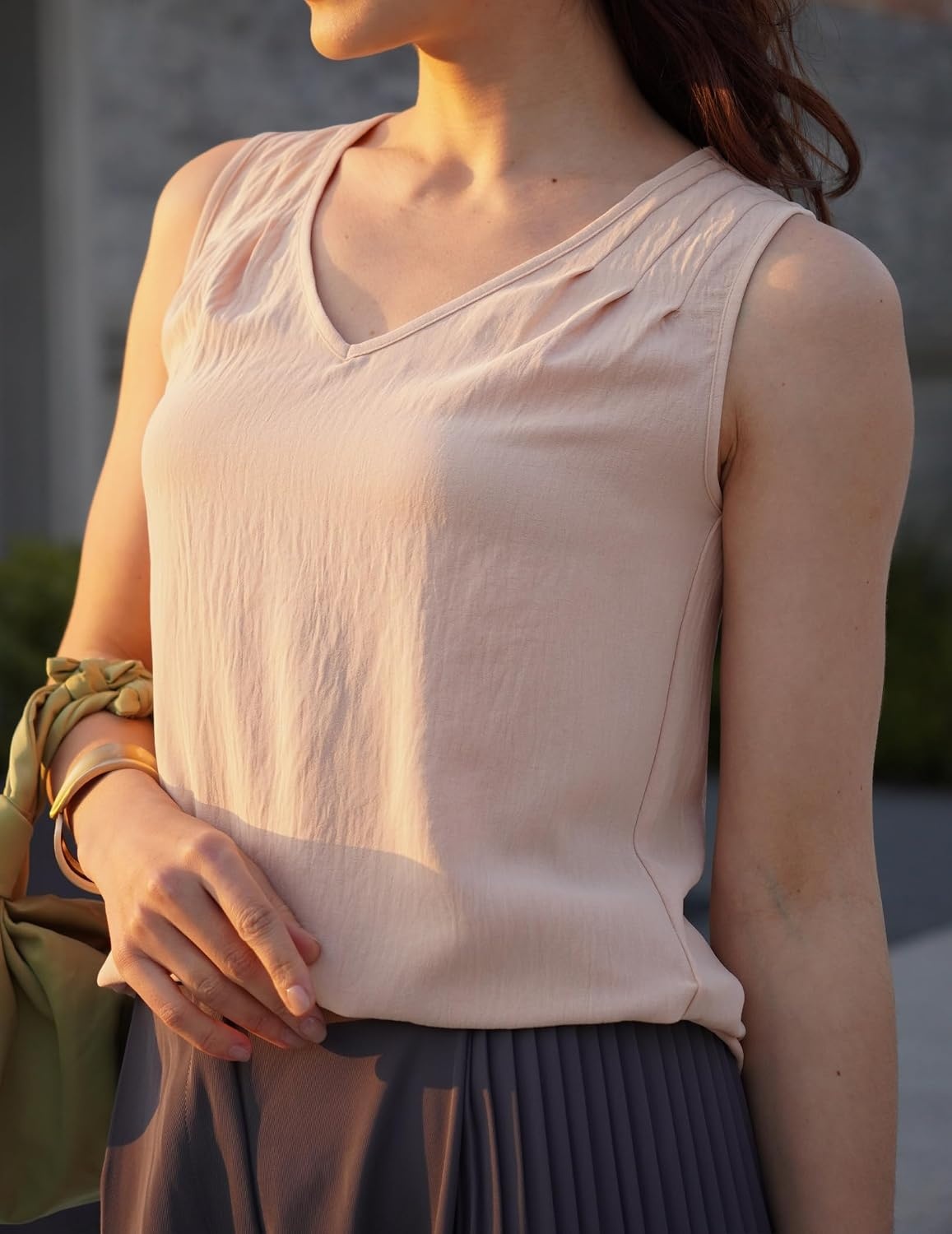 image:imageZeagoo Womens Tank Tops Pleated V Neck Business Casual Sleeveless Shirts Trendy Dressy Textured Summer Work BlouseBeige