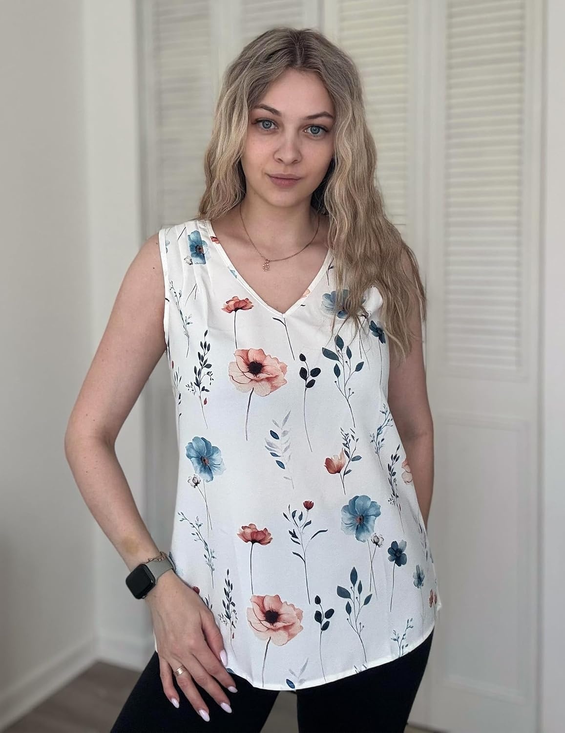 image:imageZeagoo Womens Tank Tops Pleated V Neck Business Casual Sleeveless Shirts Trendy Dressy Textured Summer Work BlouseBf290 Floral