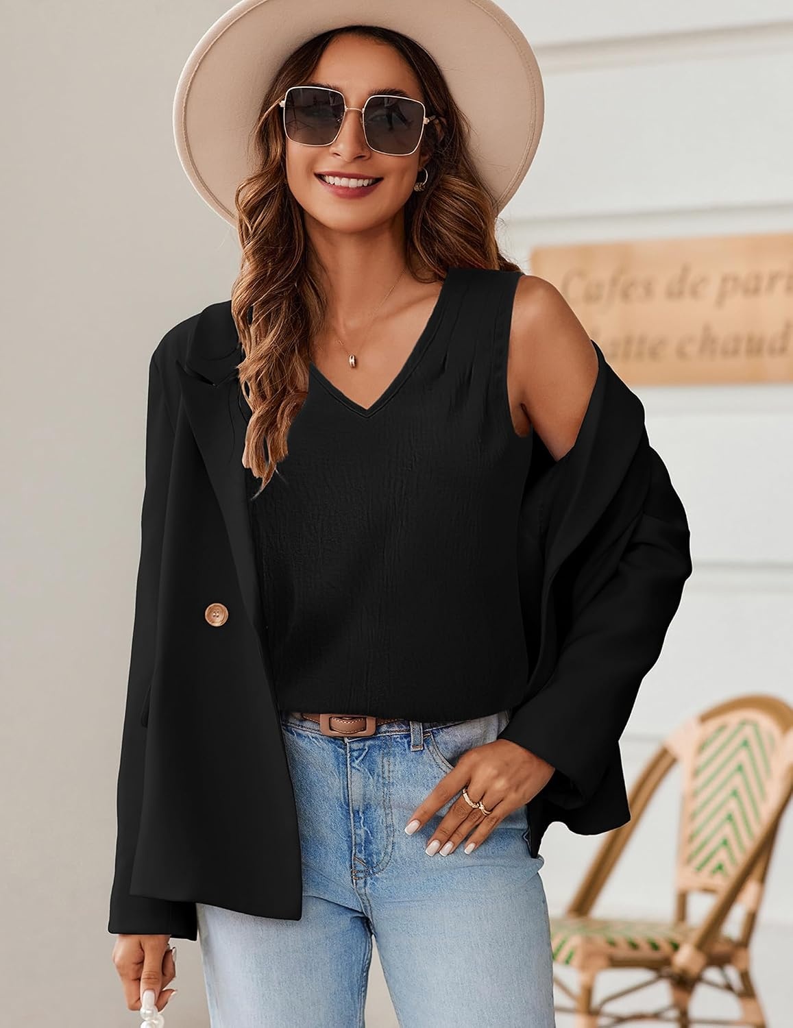 image:imageZeagoo Womens Tank Tops Pleated V Neck Business Casual Sleeveless Shirts Trendy Dressy Textured Summer Work BlouseBlack