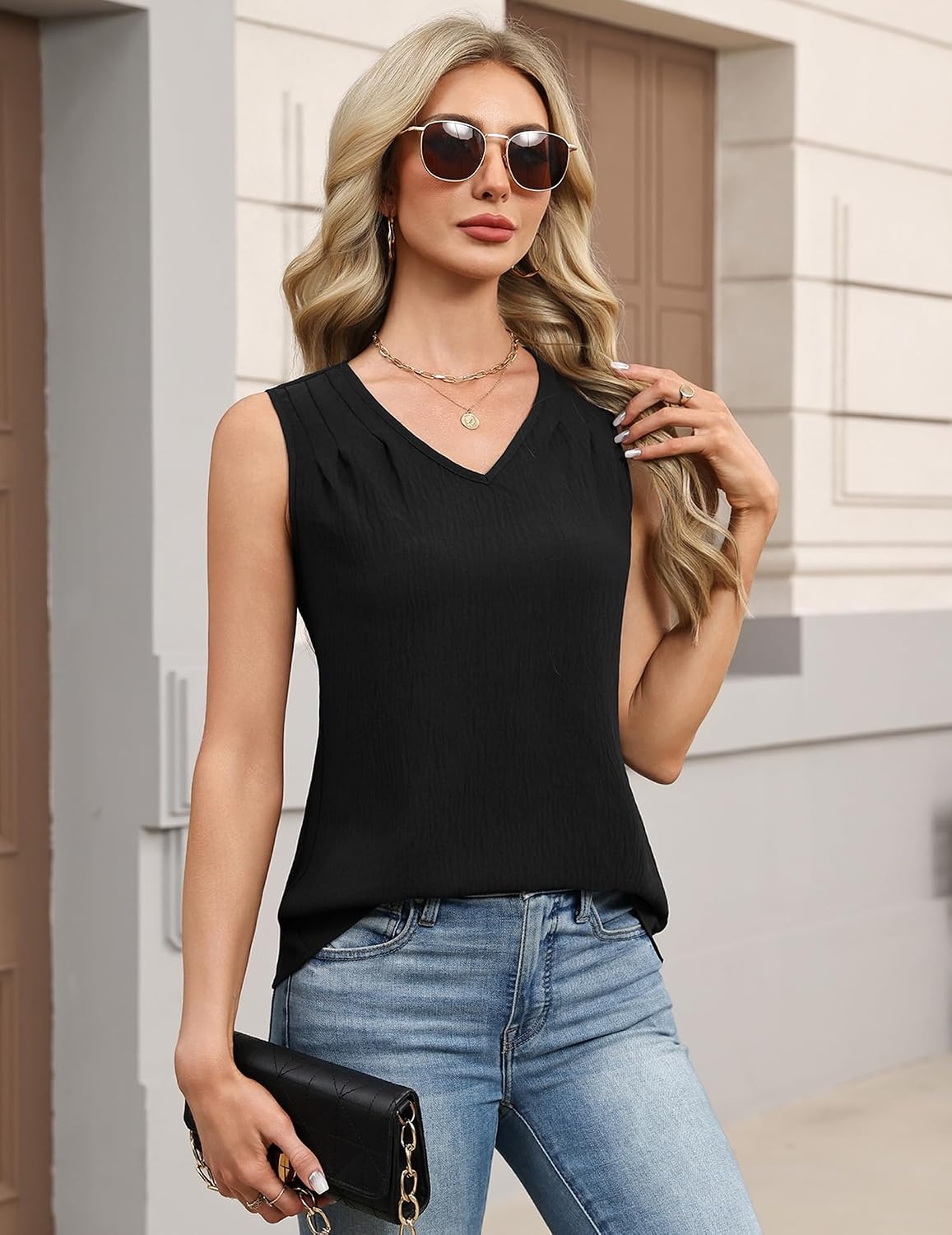 image:imageZeagoo Womens Tank Tops Pleated V Neck Business Casual Sleeveless Shirts Trendy Dressy Textured Summer Work BlouseBlack