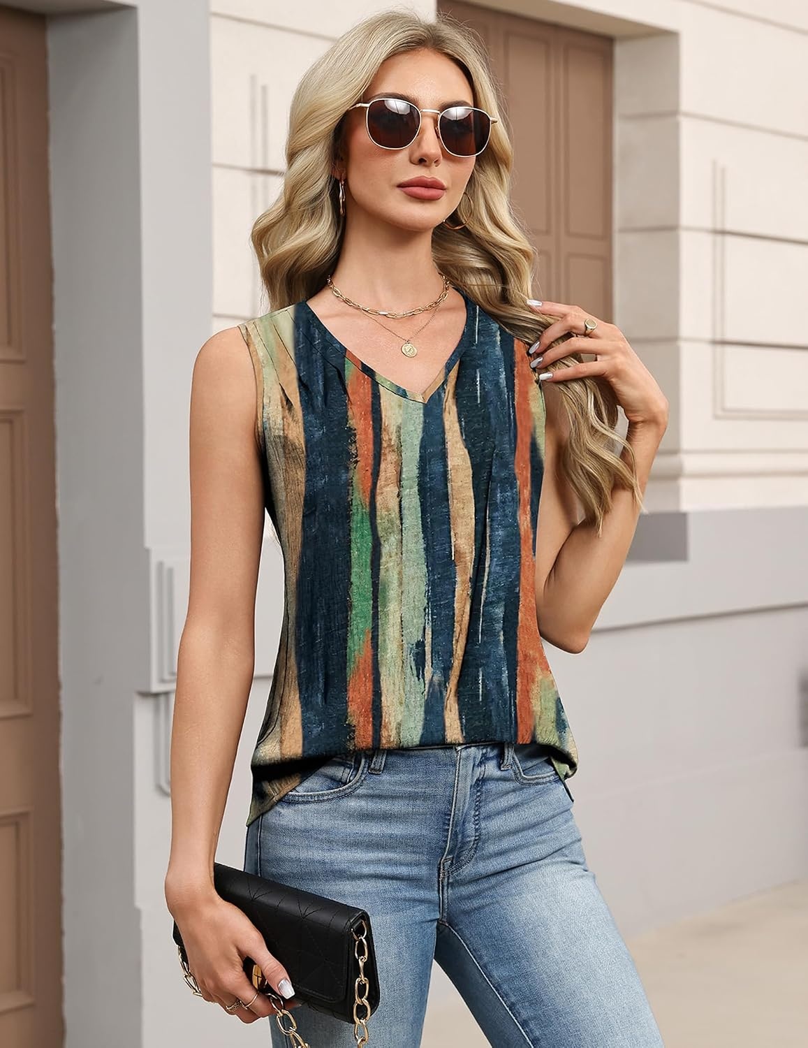 image:imageZeagoo Womens Tank Tops Pleated V Neck Business Casual Sleeveless Shirts Trendy Dressy Textured Summer Work BlouseCx289 Striped