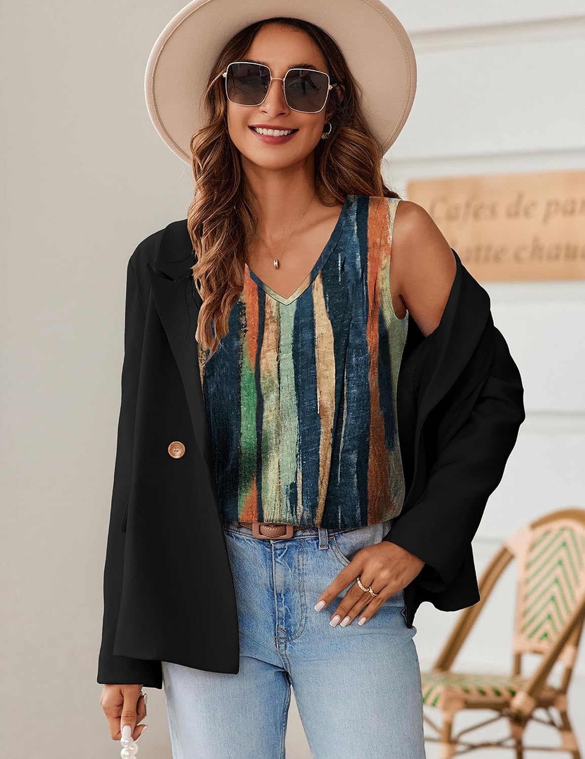 image:imageZeagoo Womens Tank Tops Pleated V Neck Business Casual Sleeveless Shirts Trendy Dressy Textured Summer Work BlouseCx289 Striped