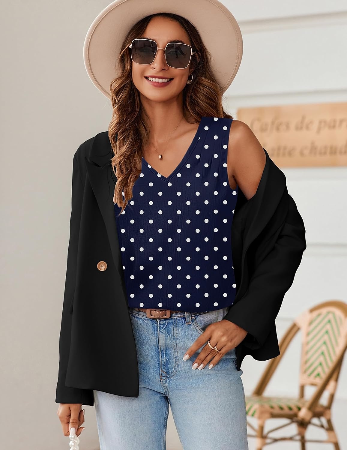 image:imageZeagoo Womens Tank Tops Pleated V Neck Business Casual Sleeveless Shirts Trendy Dressy Textured Summer Work BlouseJh379 Polka Dots