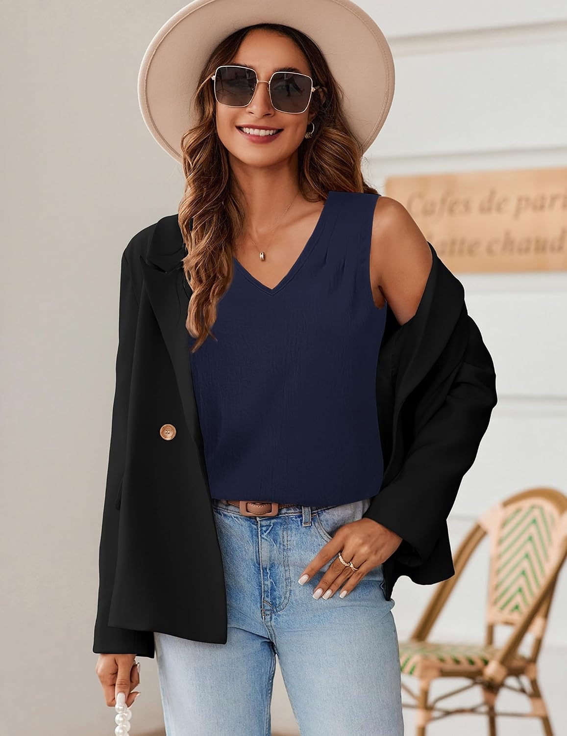 image:imageZeagoo Womens Tank Tops Pleated V Neck Business Casual Sleeveless Shirts Trendy Dressy Textured Summer Work BlouseNavy Blue