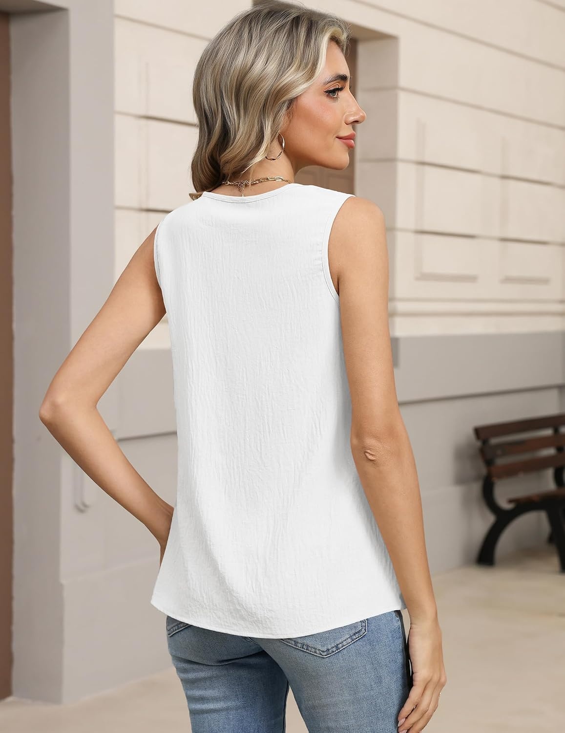 image:imageZeagoo Womens Tank Tops Pleated V Neck Business Casual Sleeveless Shirts Trendy Dressy Textured Summer Work BlouseWhite