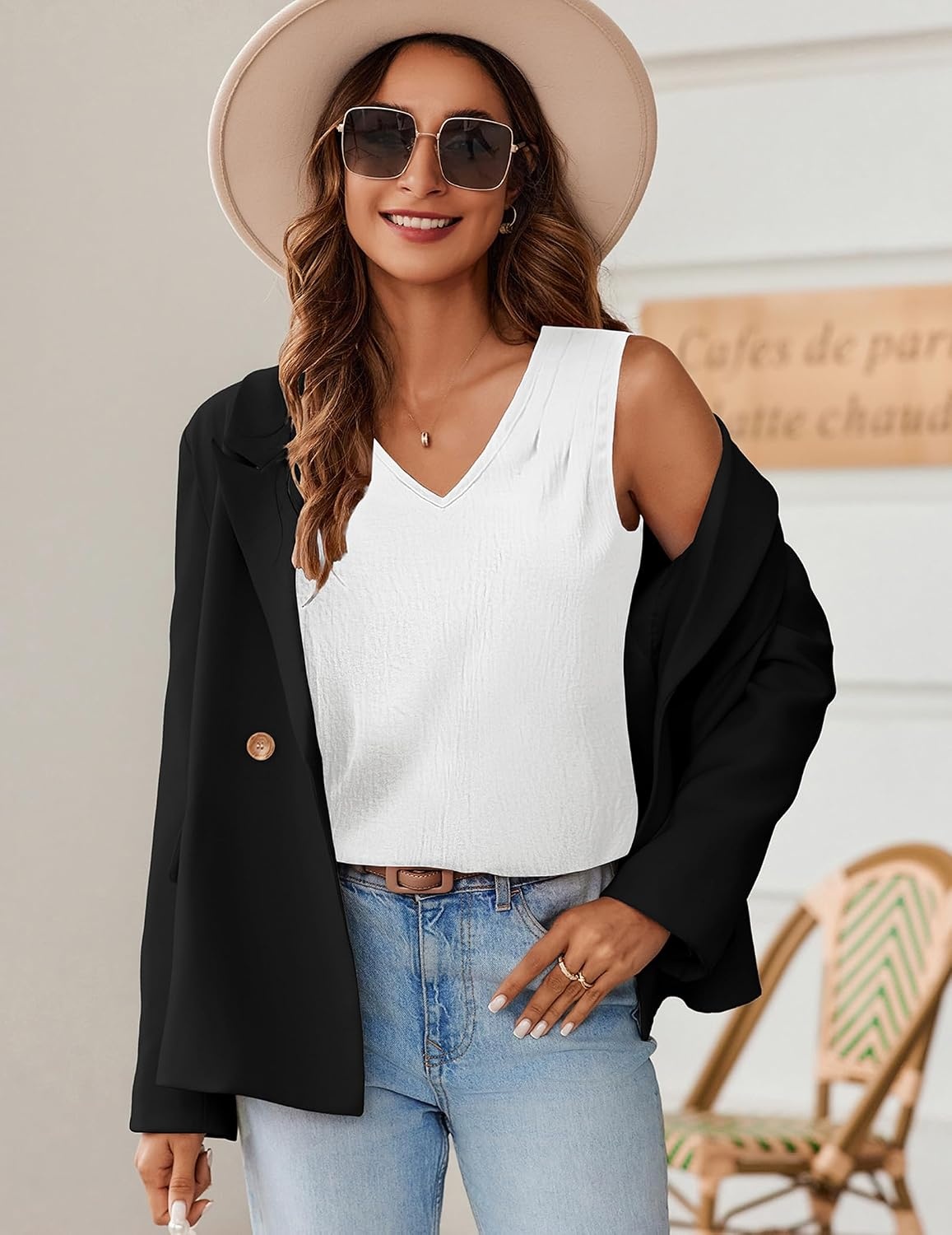 image:imageZeagoo Womens Tank Tops Pleated V Neck Business Casual Sleeveless Shirts Trendy Dressy Textured Summer Work BlouseWhite