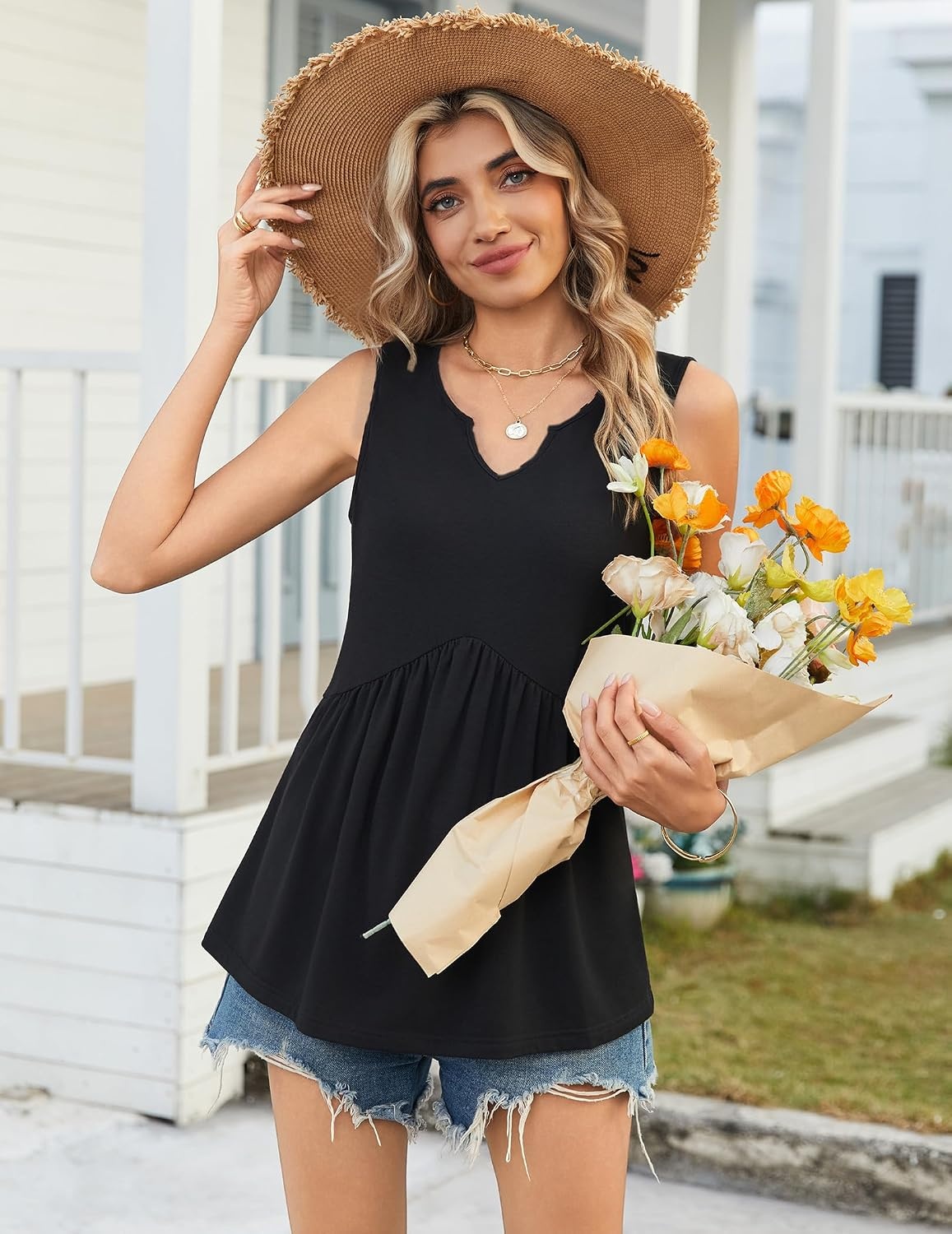 image:imageZeagoo Womens Tank Tops Sleeveless Peplum V Neck Babydoll Casual Flowy Boho Beach Summer ShirtsBlack