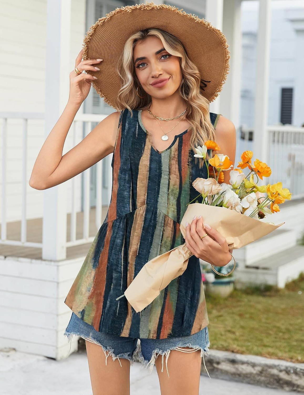 image:imageZeagoo Womens Tank Tops Sleeveless Peplum V Neck Babydoll Casual Flowy Boho Beach Summer ShirtsPrint Cx289