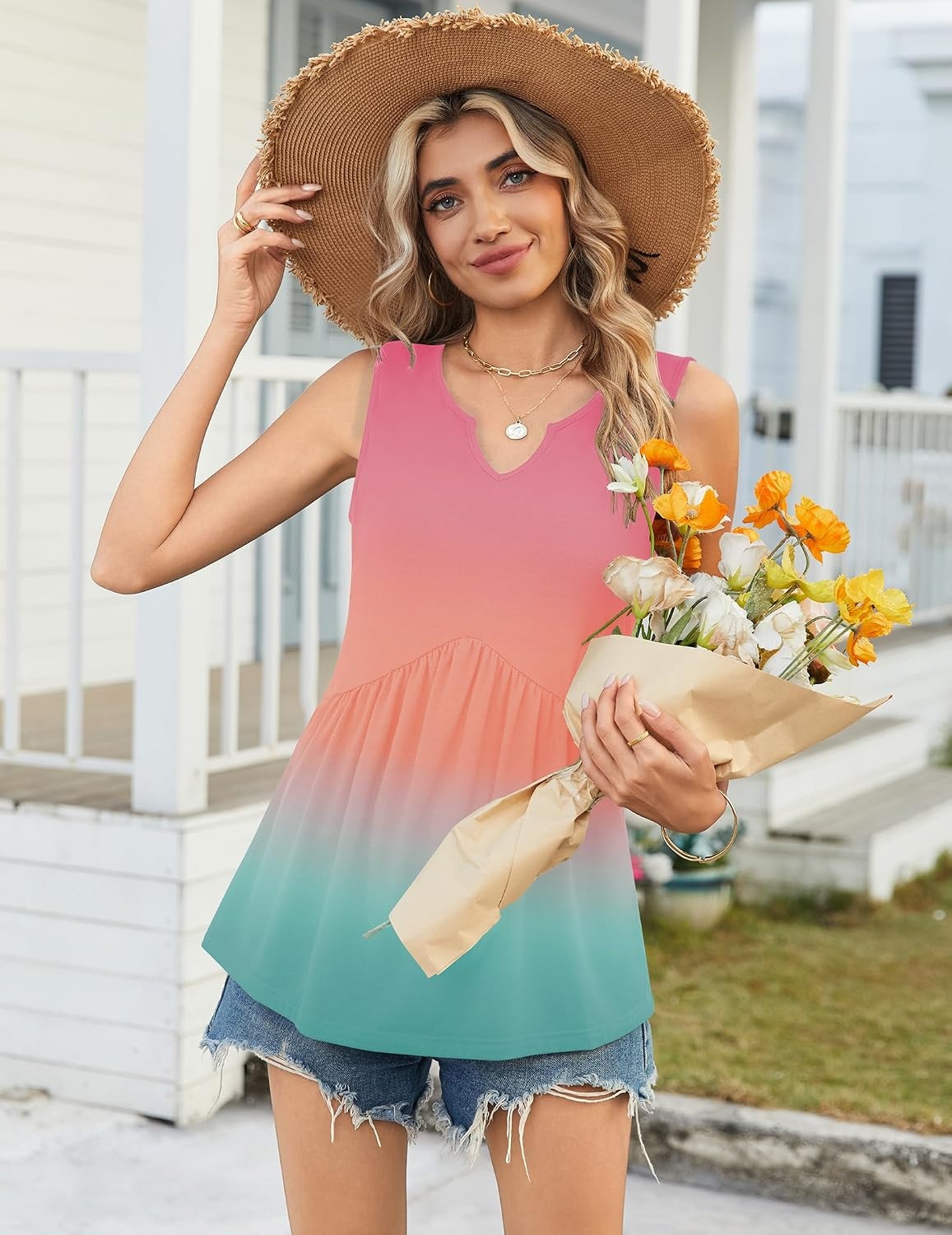 image:imageZeagoo Womens Tank Tops Sleeveless Peplum V Neck Babydoll Casual Flowy Boho Beach Summer ShirtsPrint Jb218